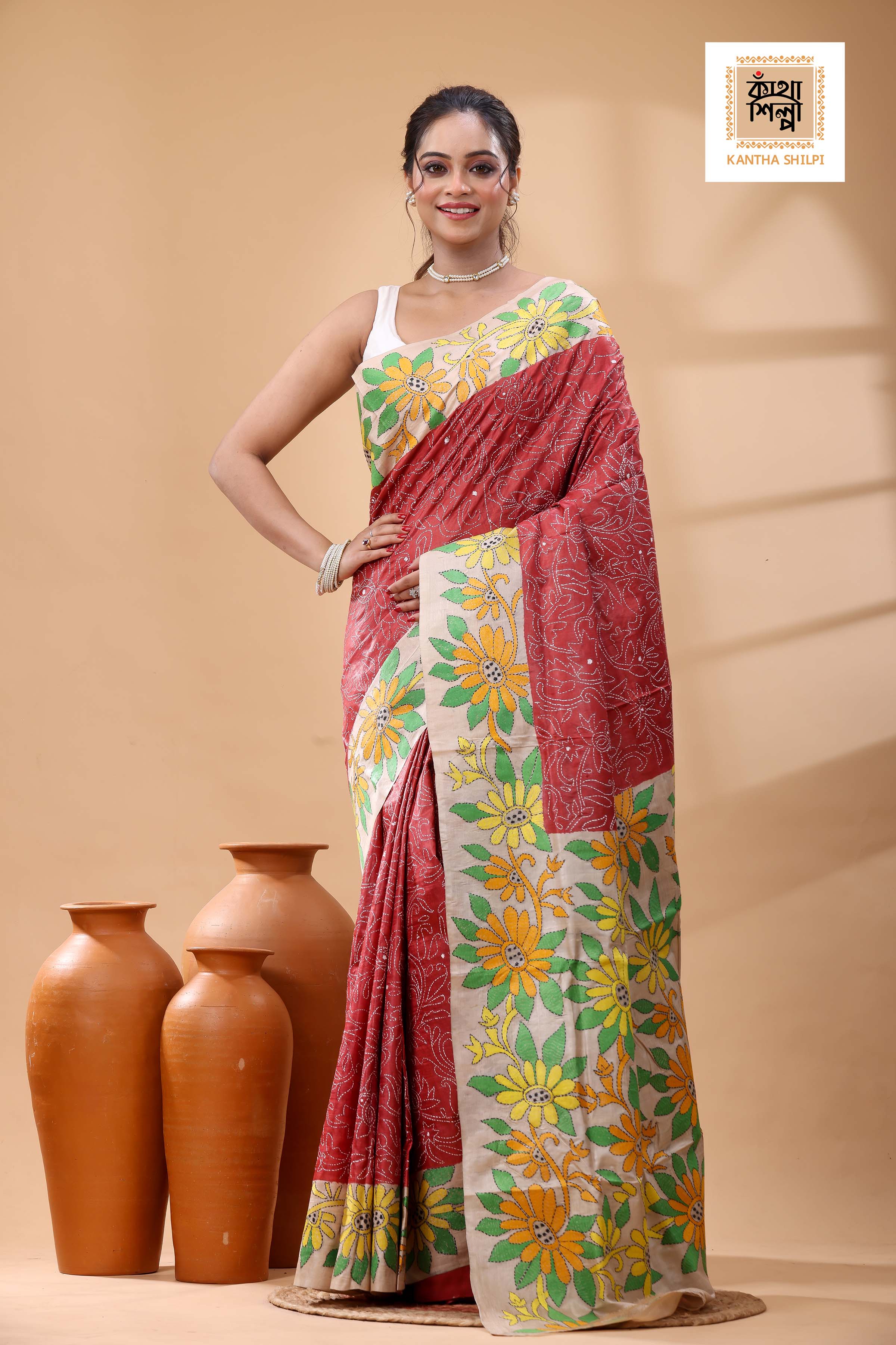 Pure Dye Gachi Tussar Multicolor Thread Work Kantha Stitch Saree