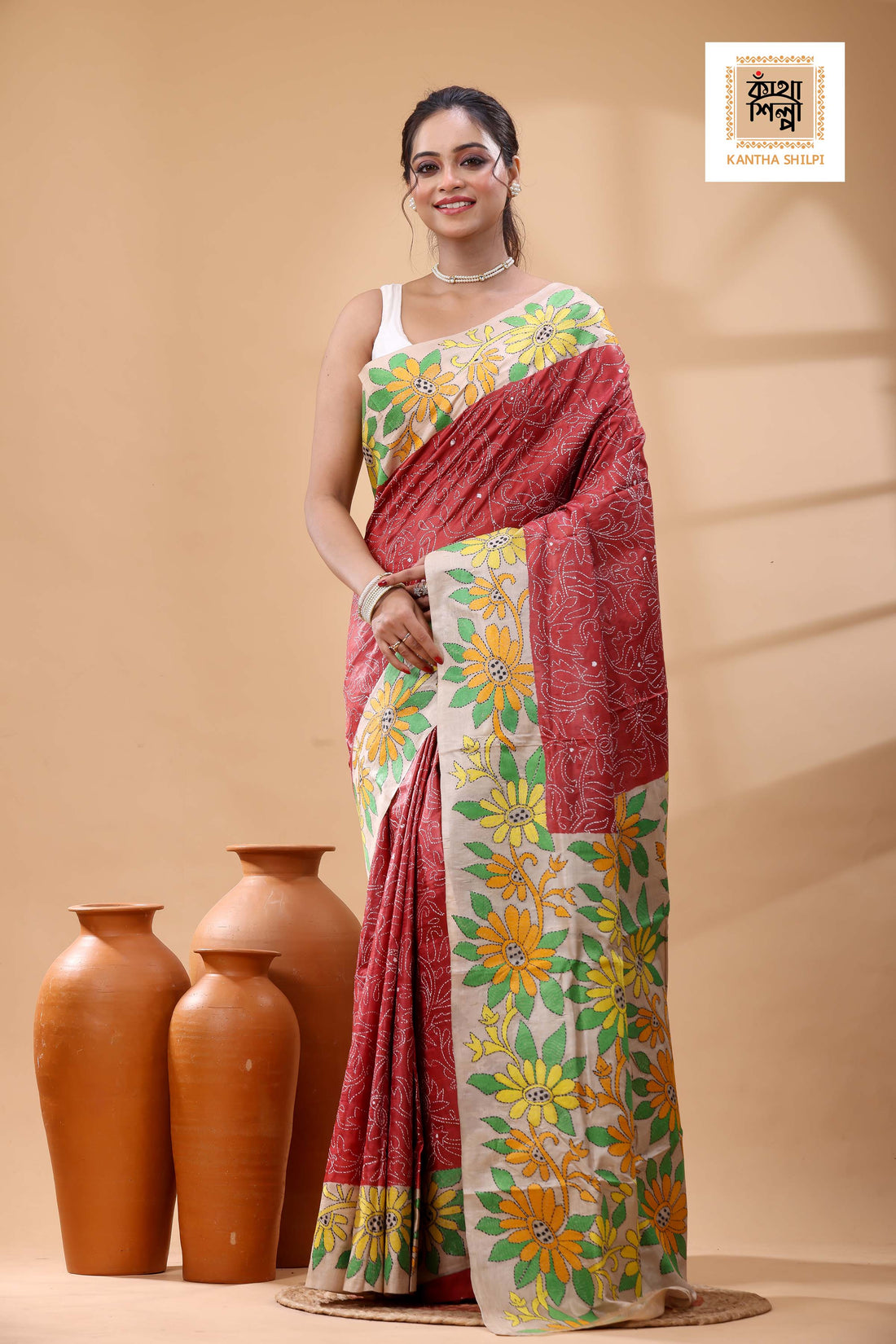 Pure Dye Gachi Tussar Multicolor Thread Work Kantha Stitch Saree