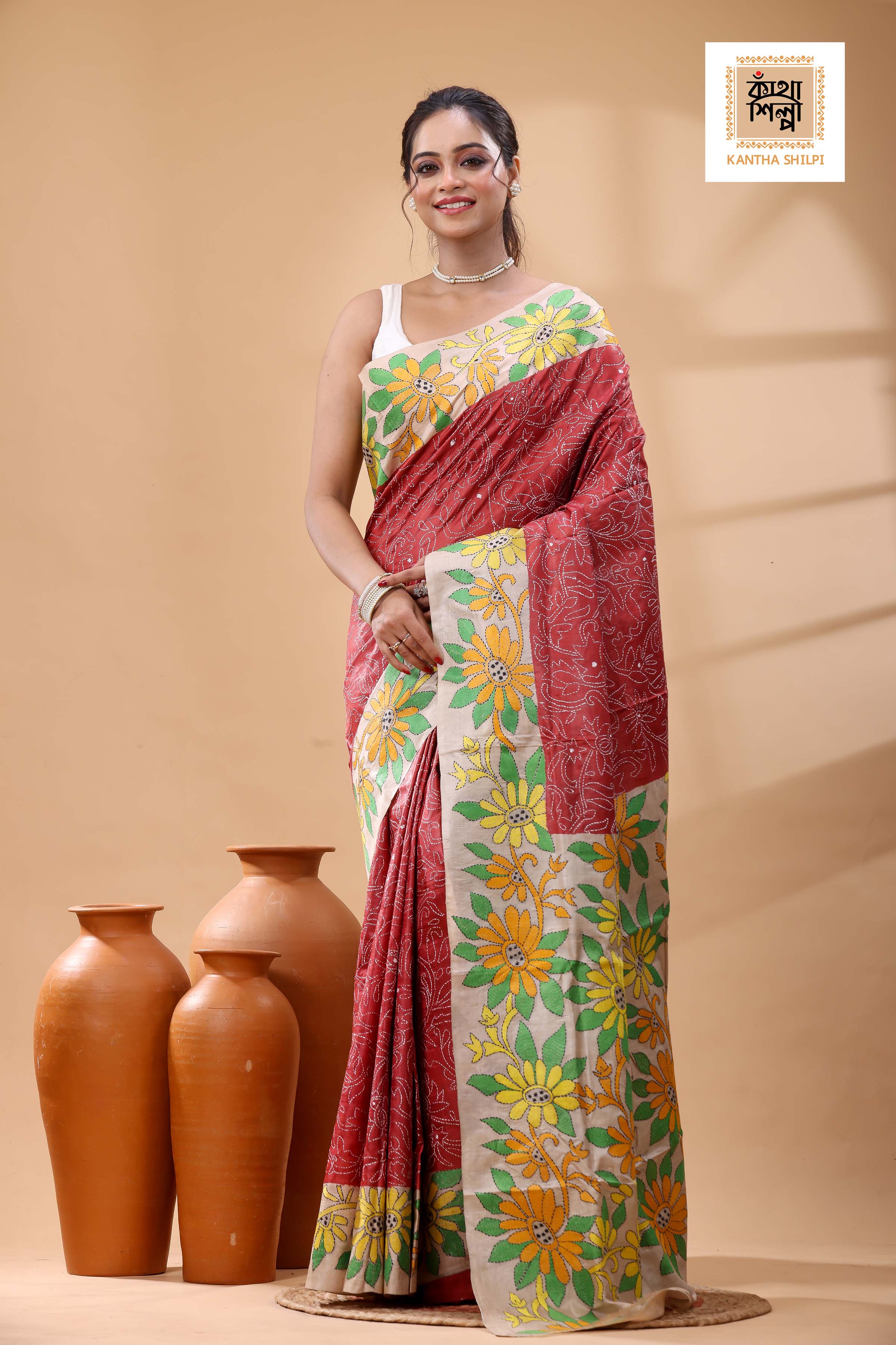 Pure Dye Gachi Tussar Multicolor Thread Work Kantha Stitch Saree