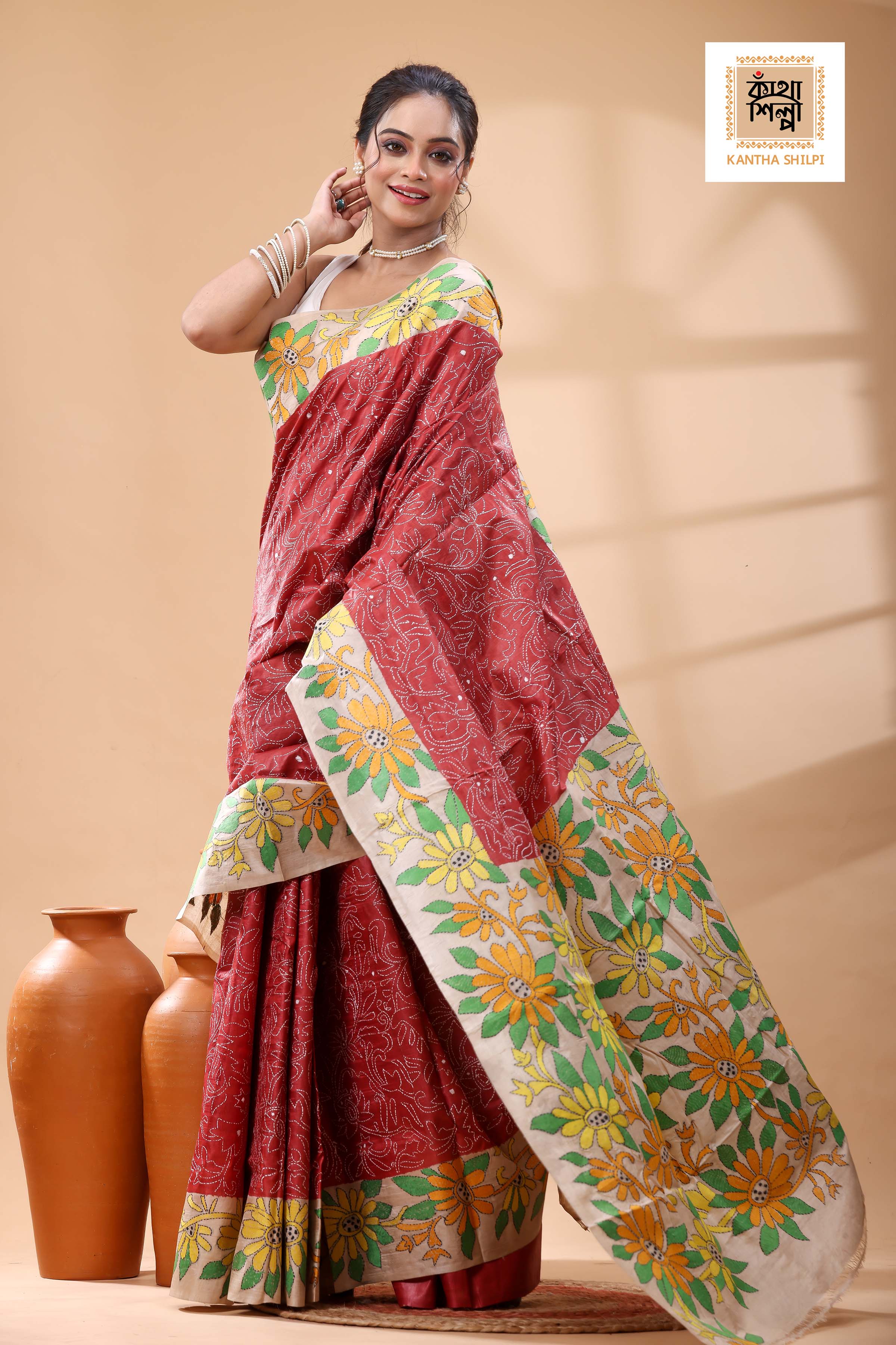 Pure Dye Gachi Tussar Multicolor Thread Work Kantha Stitch Saree