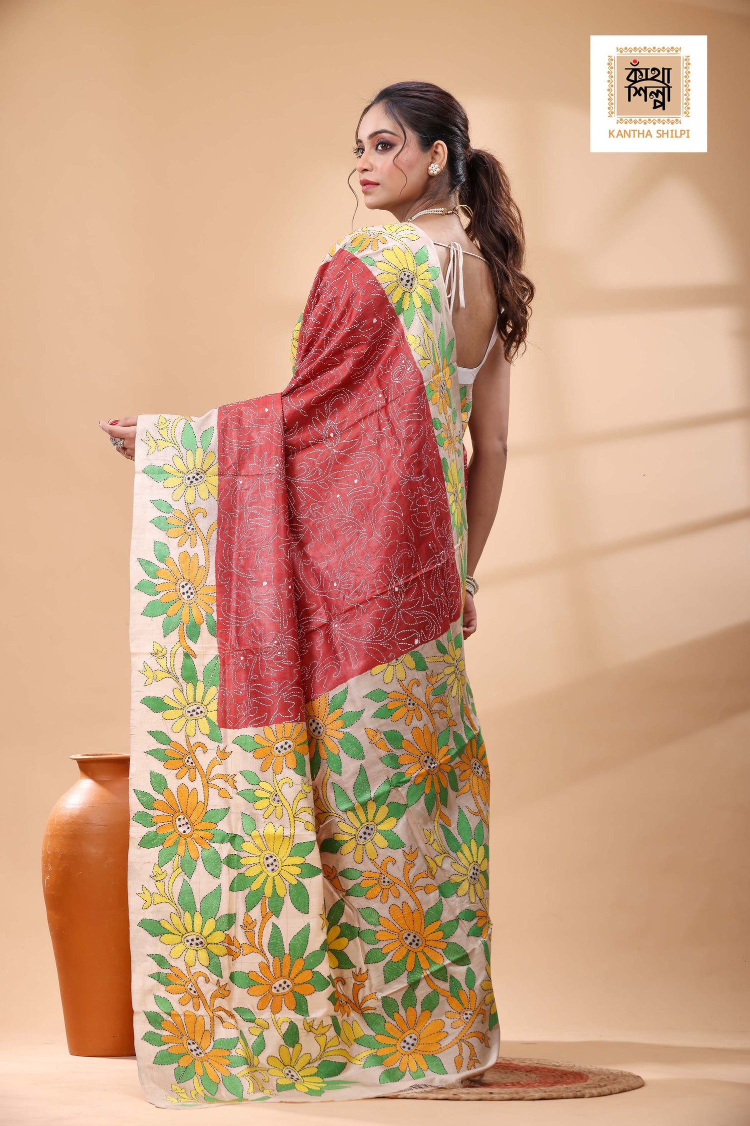Pure Dye Gachi Tussar Multicolor Thread Work Kantha Stitch Saree
