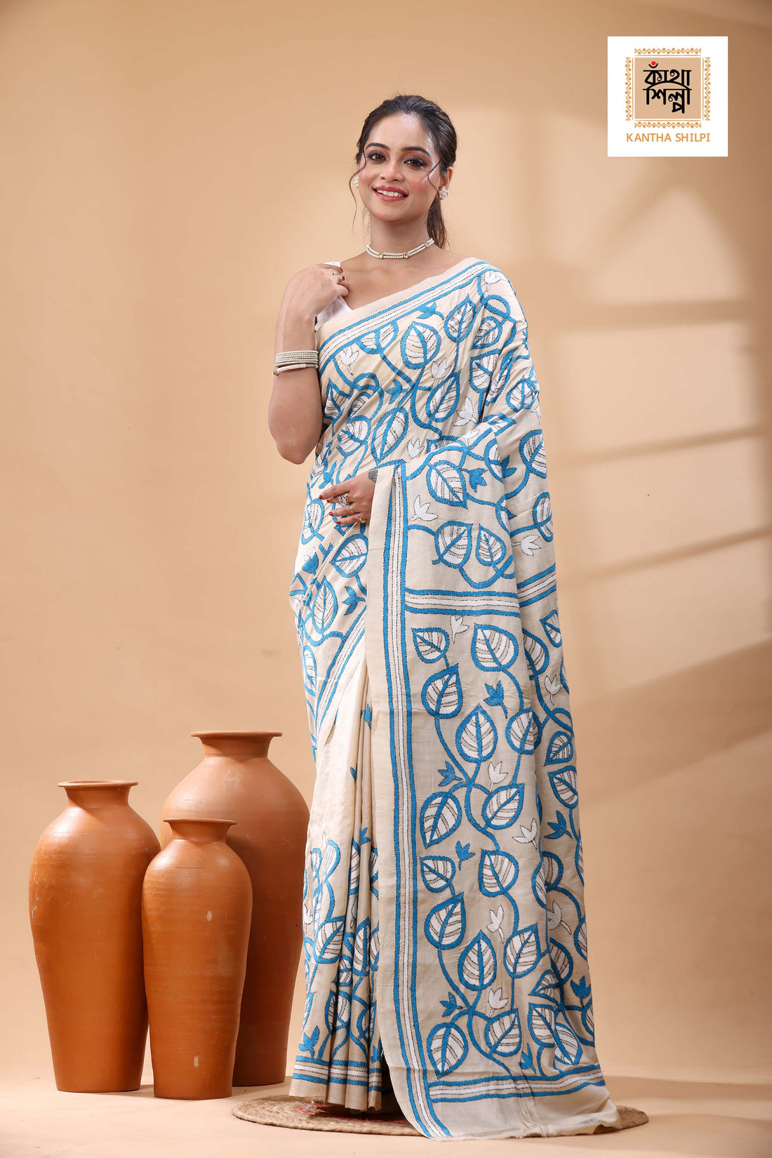 Pure Gachi Tussar Blue-White Color Thread Work Kantha Stitch Saree