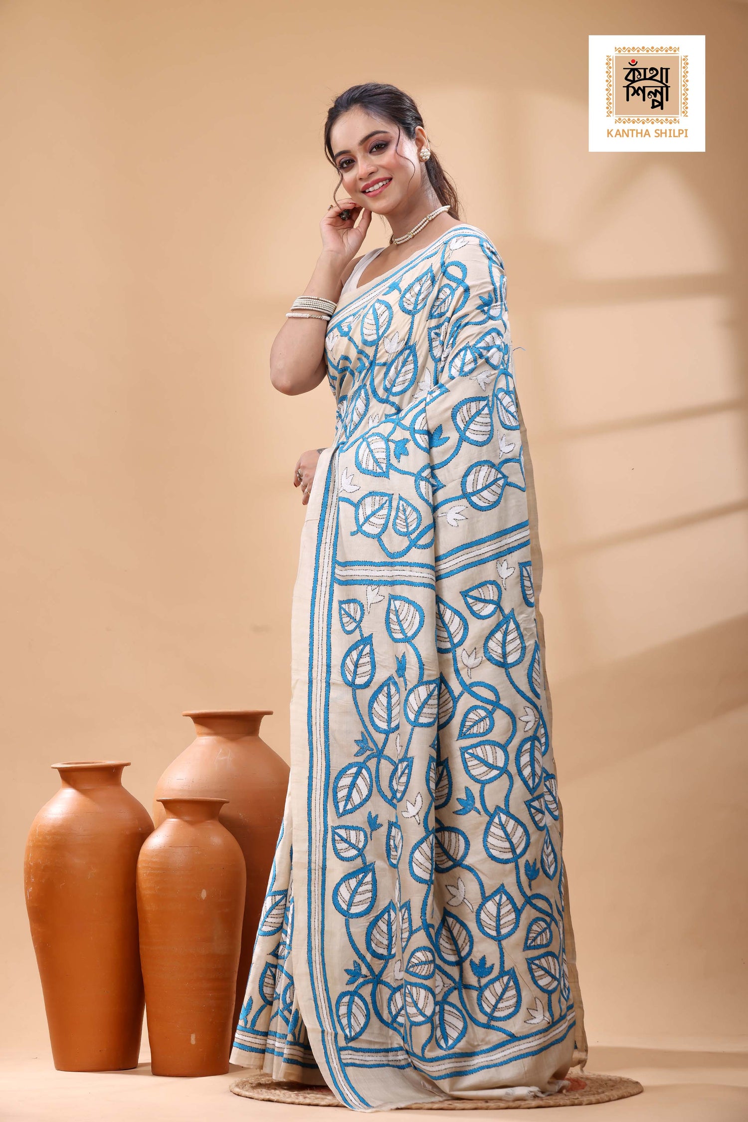 Pure Gachi Tussar Blue-White Color Thread Work Kantha Stitch Saree