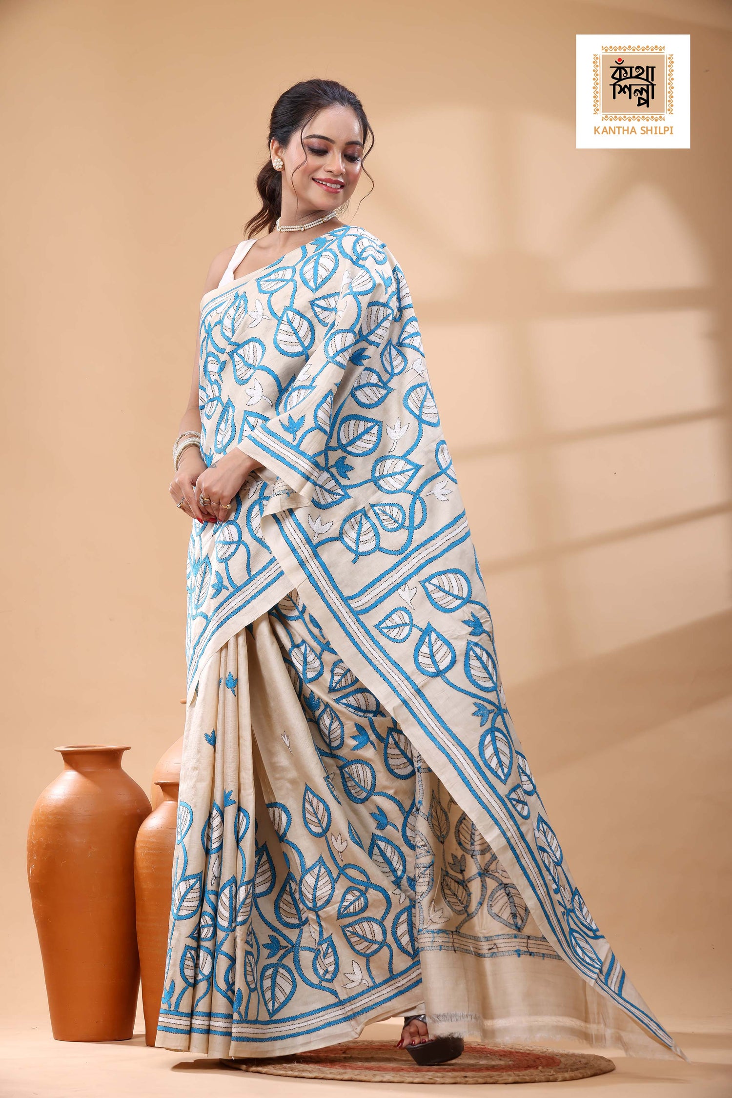 Pure Gachi Tussar Blue-White Color Thread Work Kantha Stitch Saree
