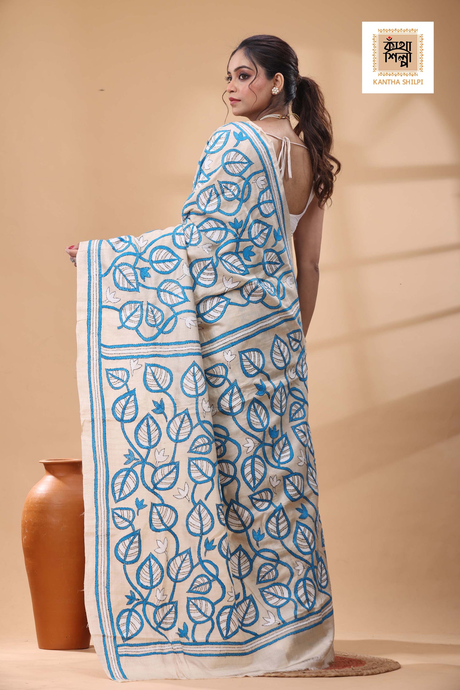 Pure Gachi Tussar Blue-White Color Thread Work Kantha Stitch Saree