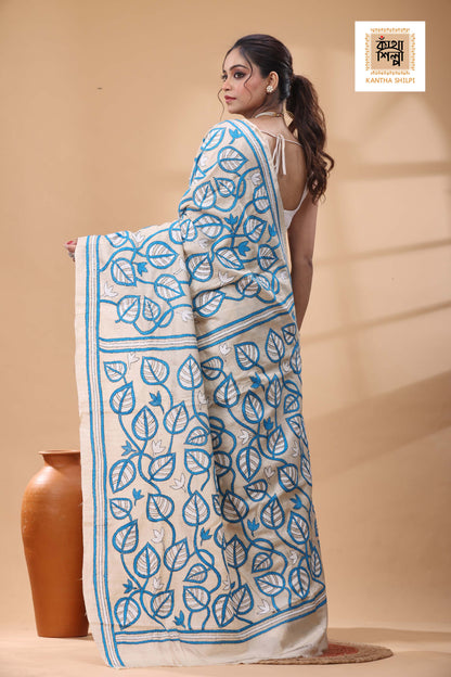 Pure Gachi Tussar Blue-White Color Thread Work Kantha Stitch Saree