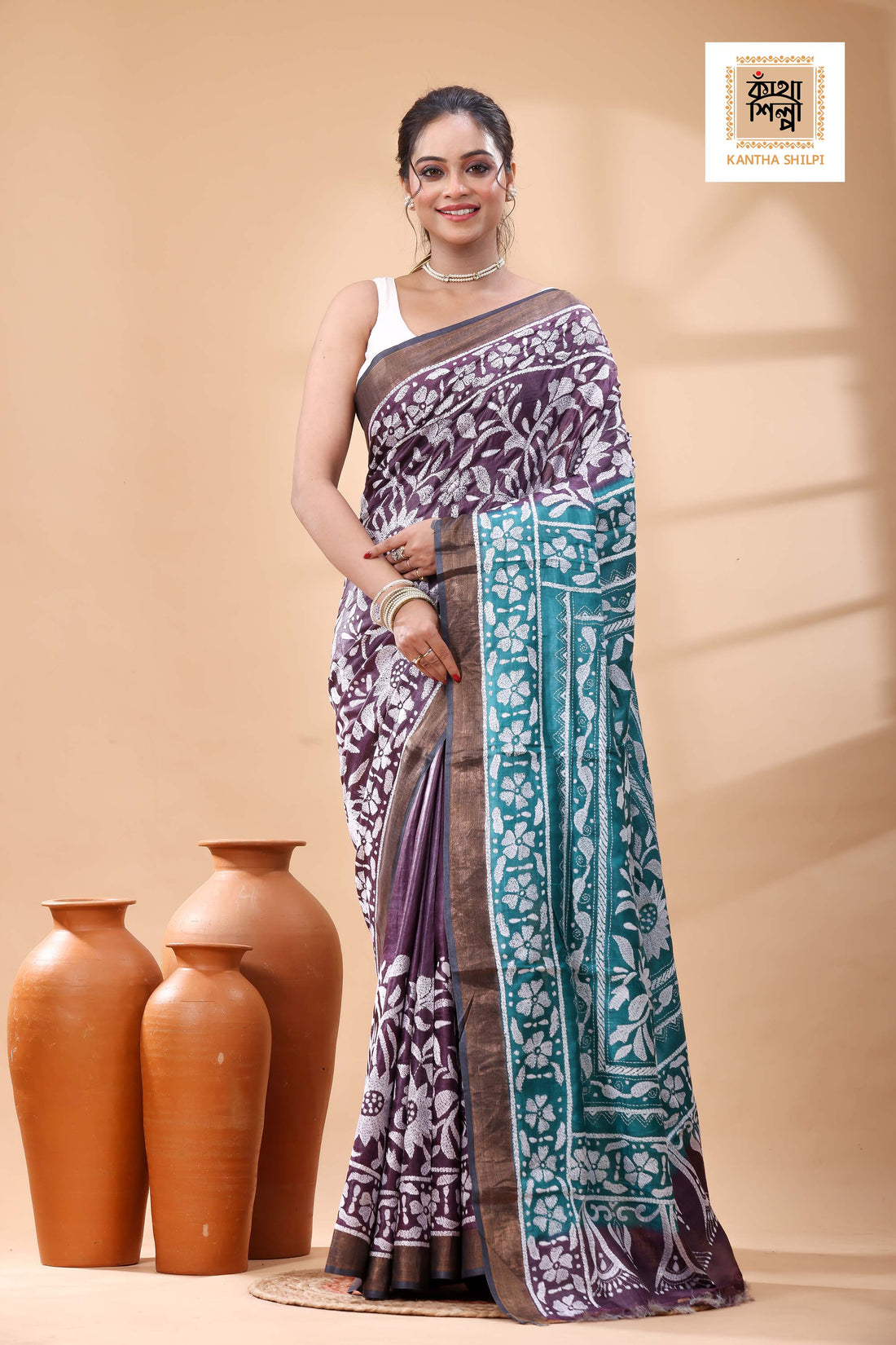 Pure Dye Tussar White Color Thread Work Kantha Stitch Saree