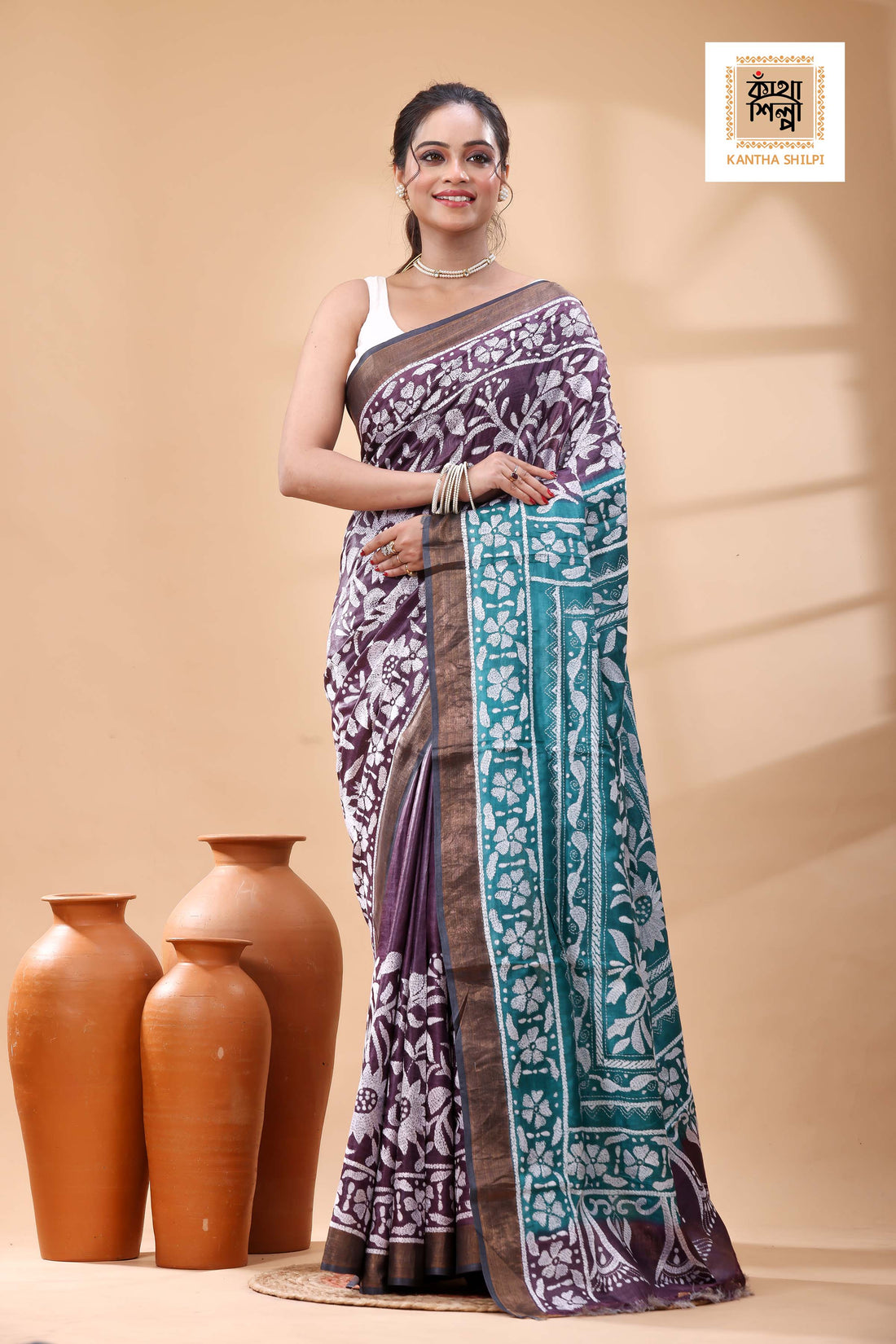 Pure Dye Tussar White Color Thread Work Kantha Stitch Saree