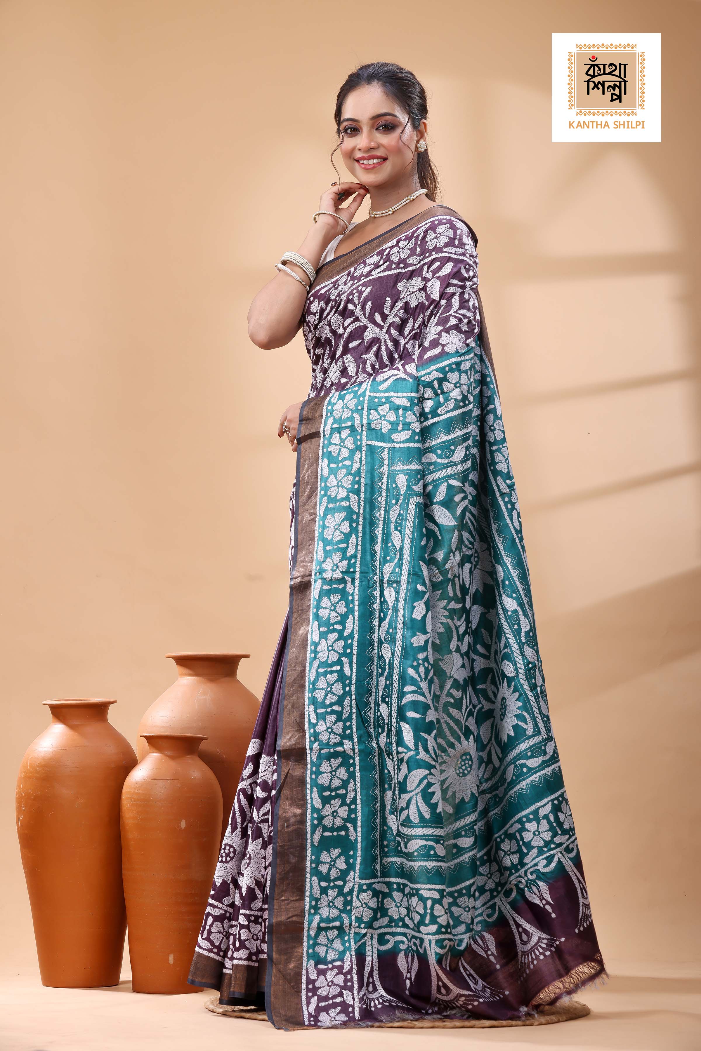 Pure Dye Tussar White Color Thread Work Kantha Stitch Saree
