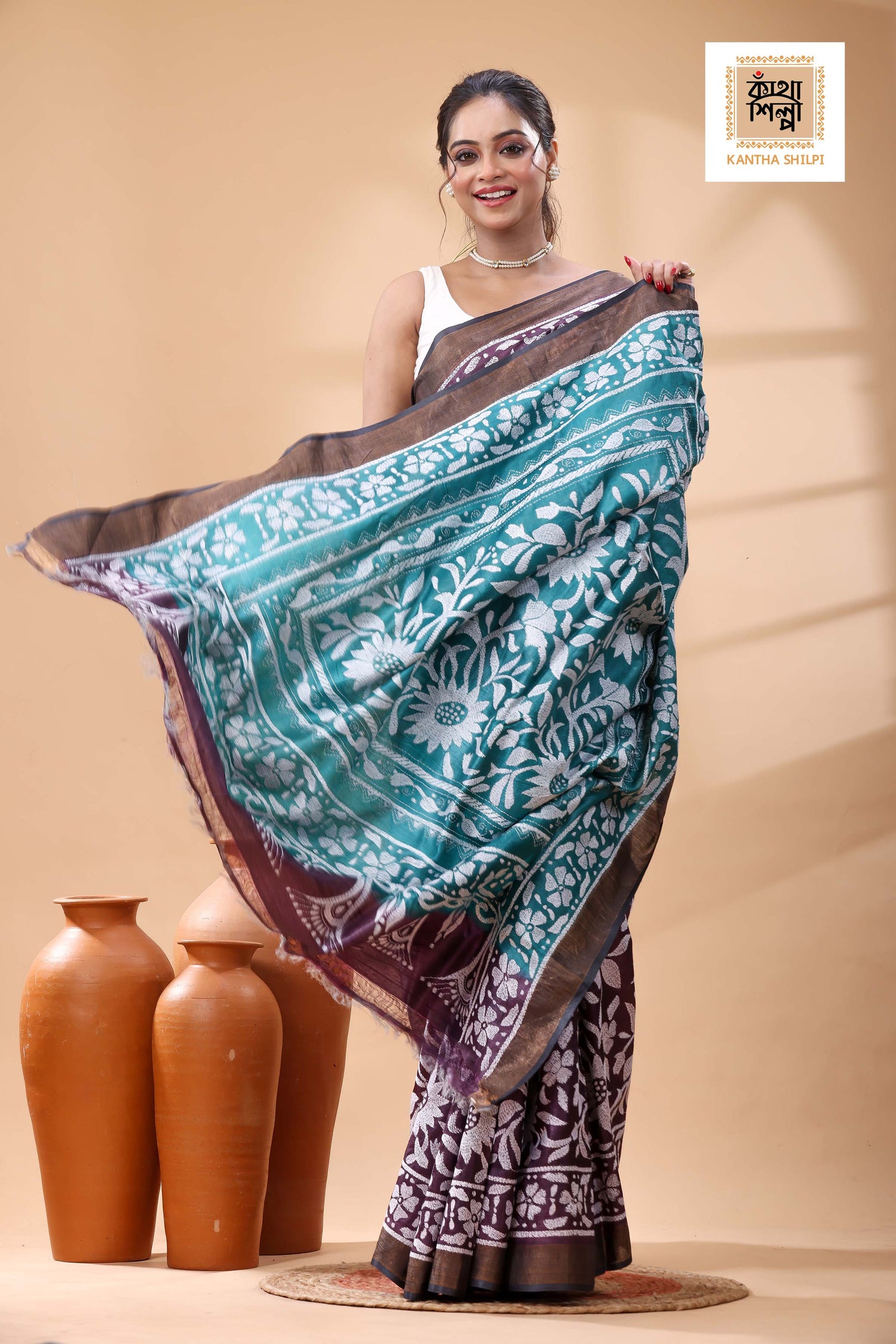Pure Dye Tussar White Color Thread Work Kantha Stitch Saree