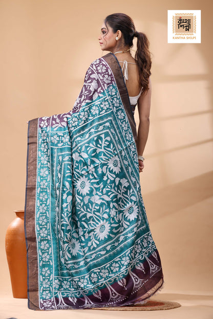 Pure Dye Tussar White Color Thread Work Kantha Stitch Saree