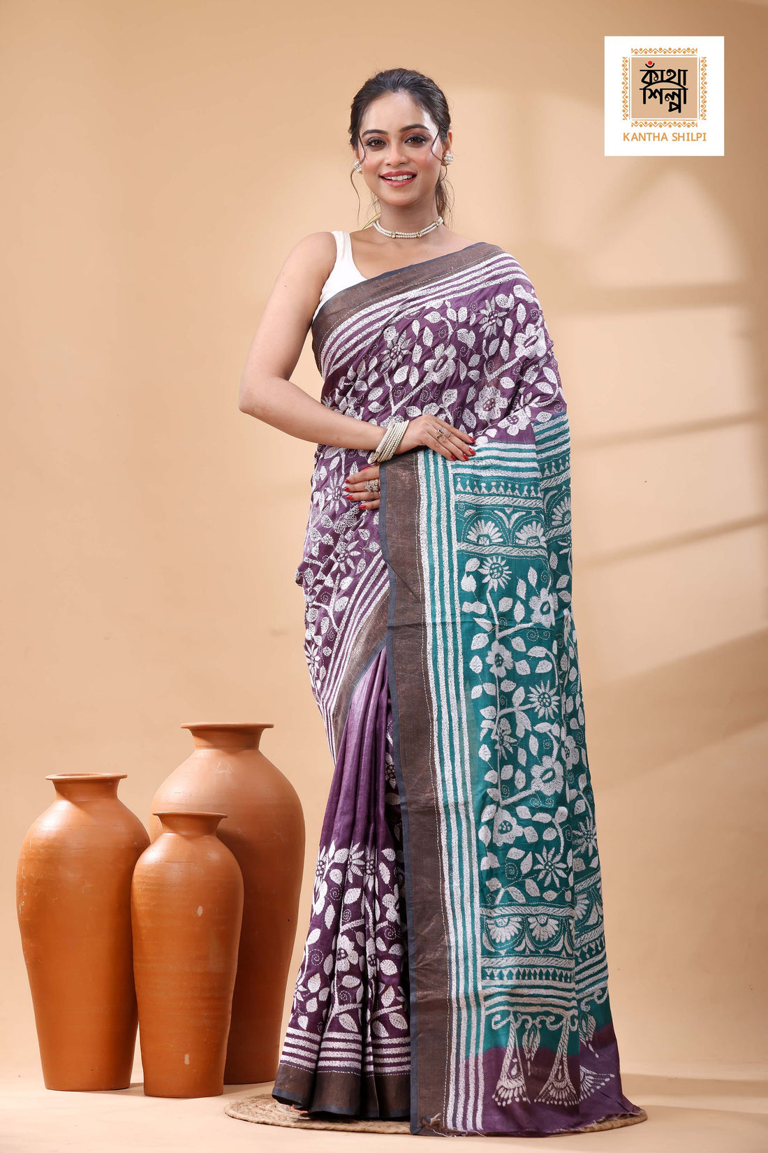 Pure Tussar White Color Thread Work Kantha Stitch Saree