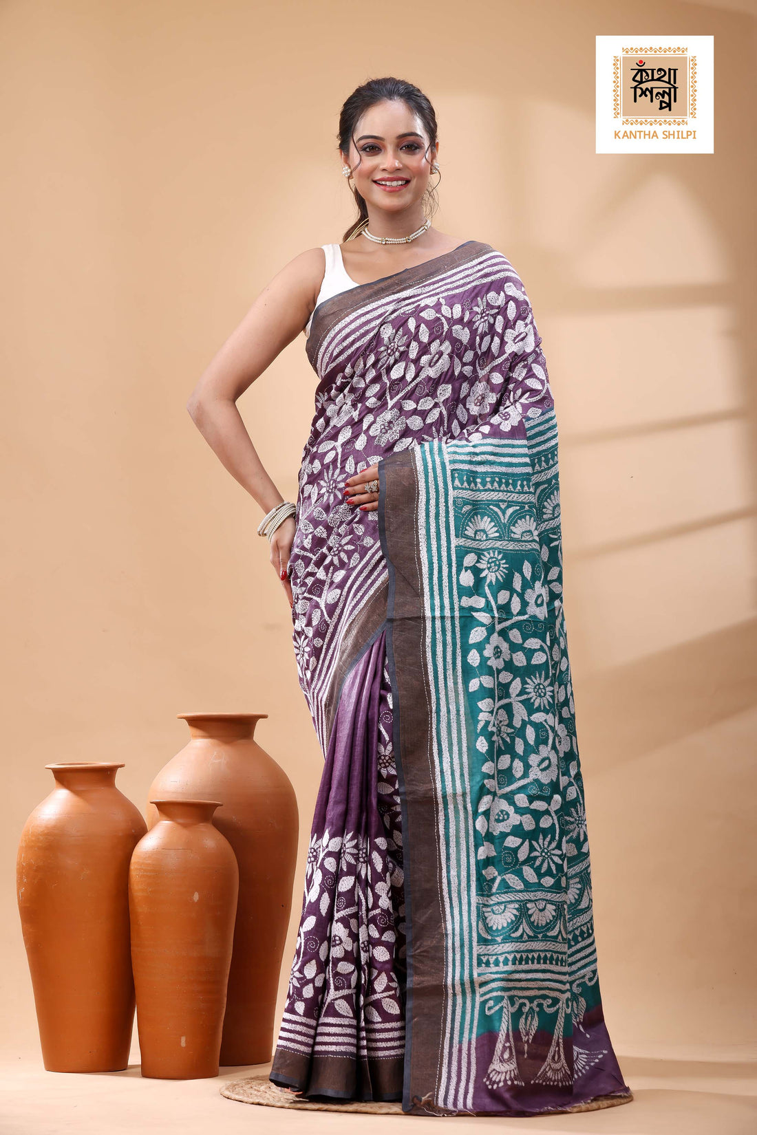 Pure Tussar White Color Thread Work Kantha Stitch Saree