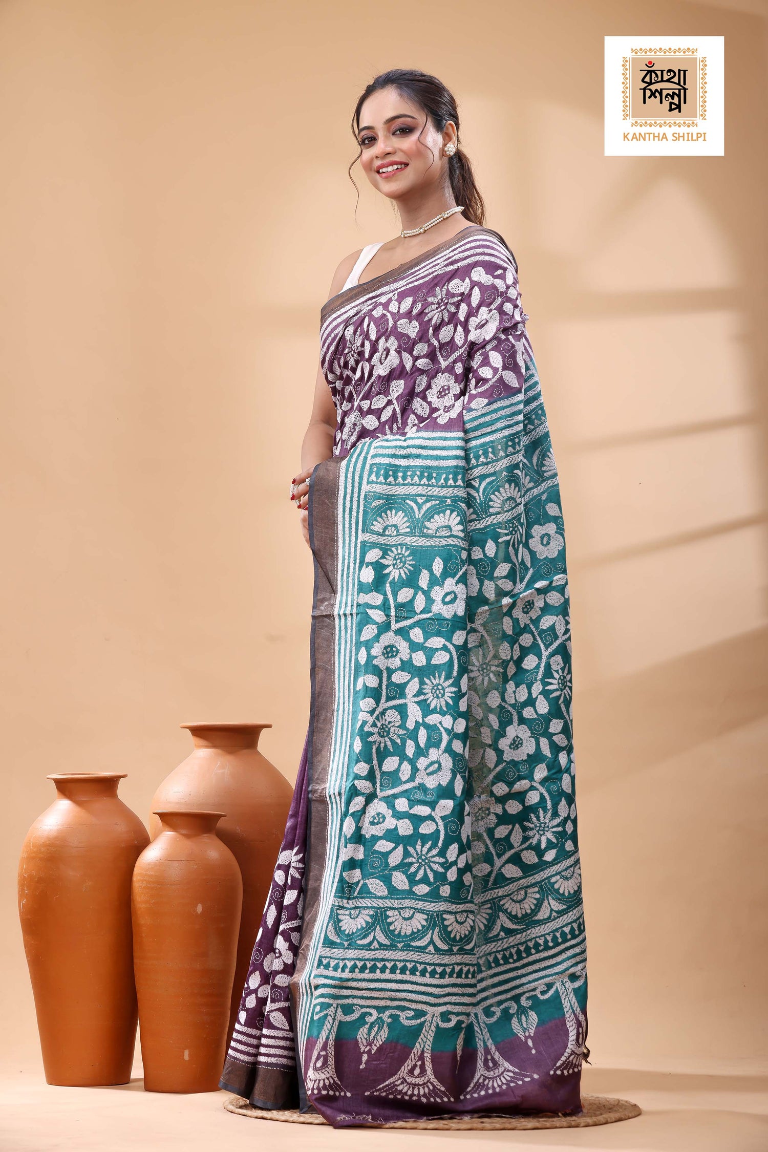 Pure Tussar White Color Thread Work Kantha Stitch Saree