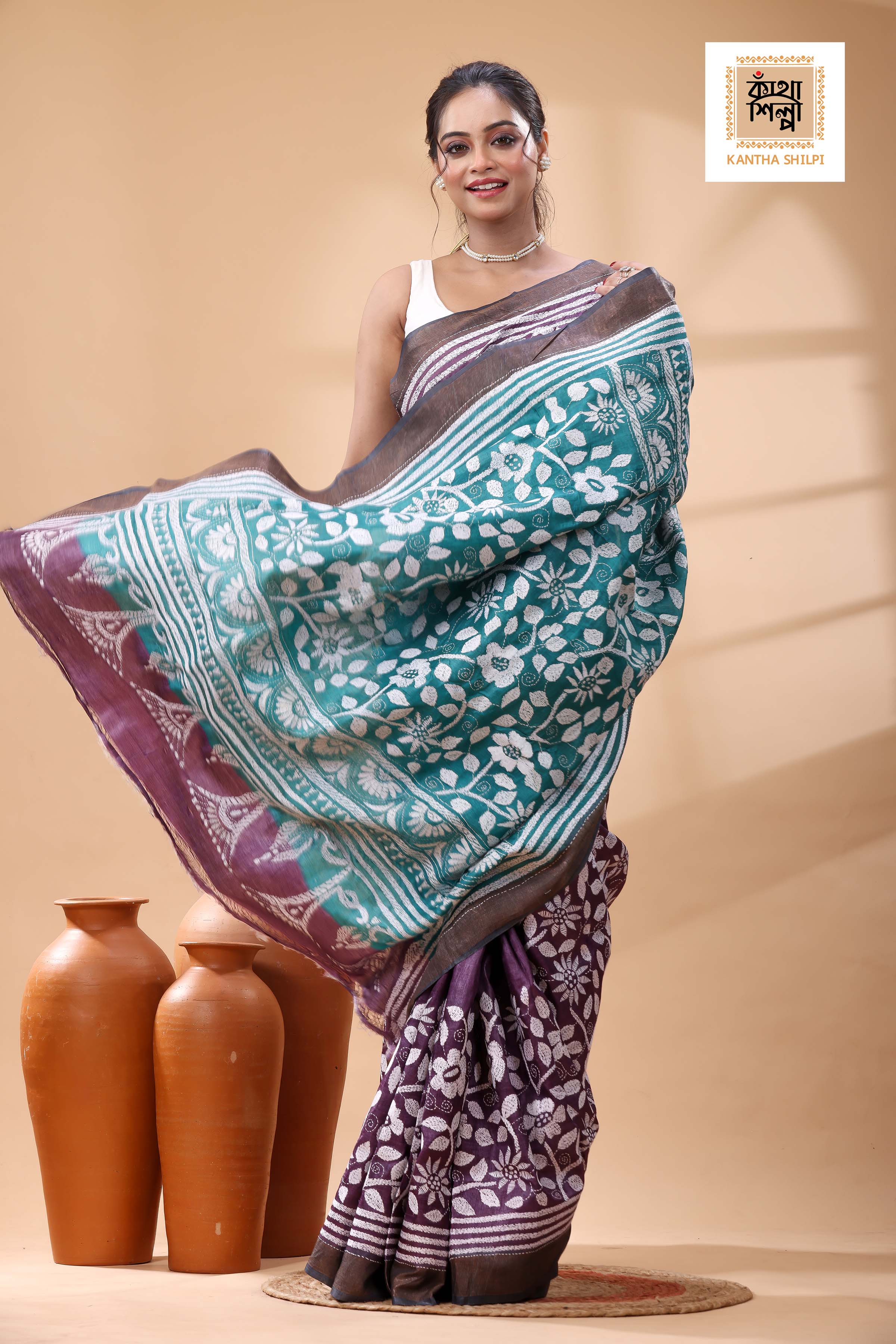 Pure Tussar White Color Thread Work Kantha Stitch Saree