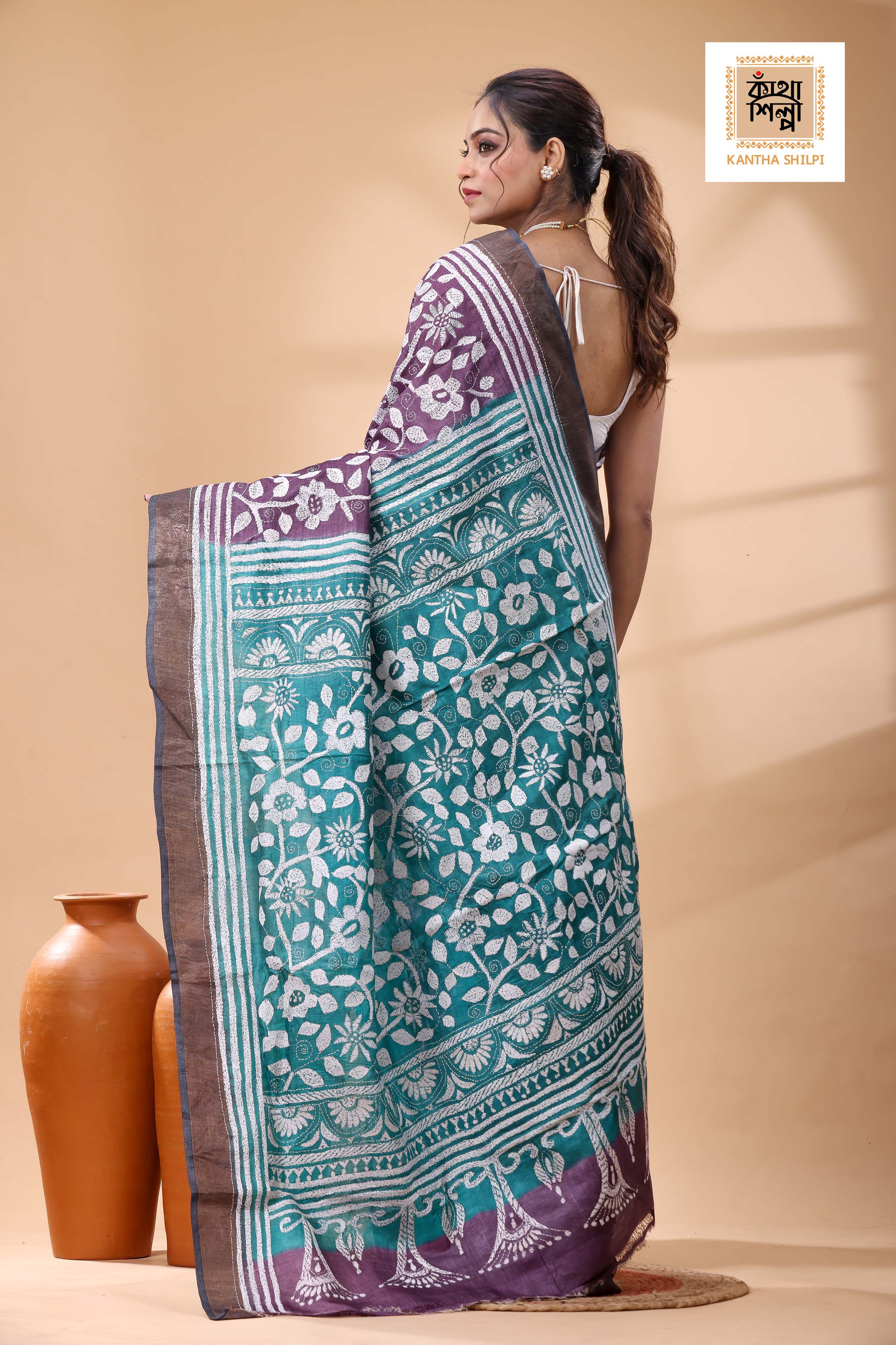 Pure Tussar White Color Thread Work Kantha Stitch Saree