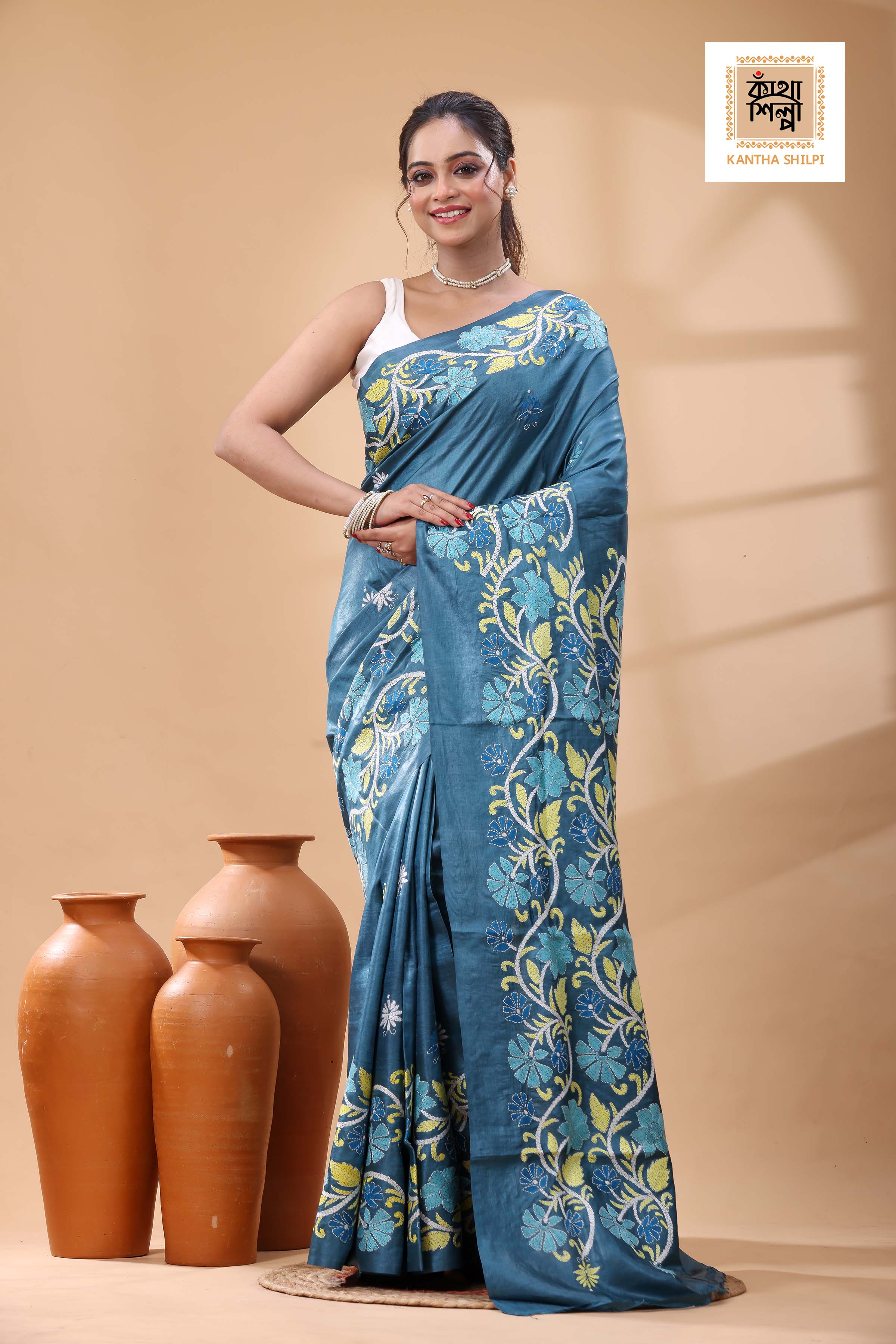 Pure Dye Gachi Tussar Multicolor Thread Work Kantha Stitch Saree