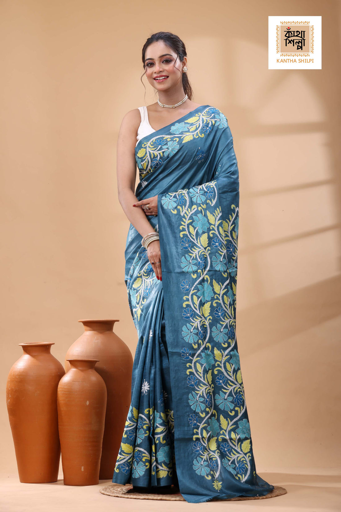 Pure Dye Gachi Tussar Multicolor Thread Work Kantha Stitch Saree