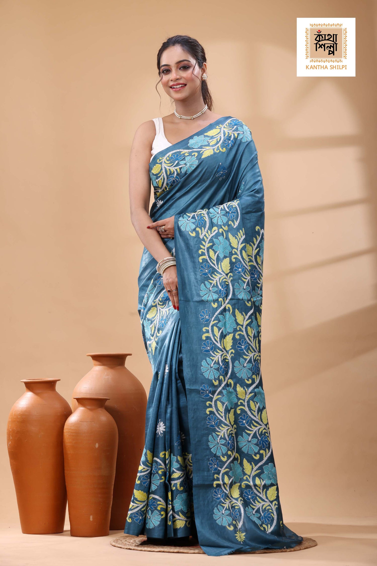 Pure Dye Gachi Tussar Multicolor Thread Work Kantha Stitch Saree