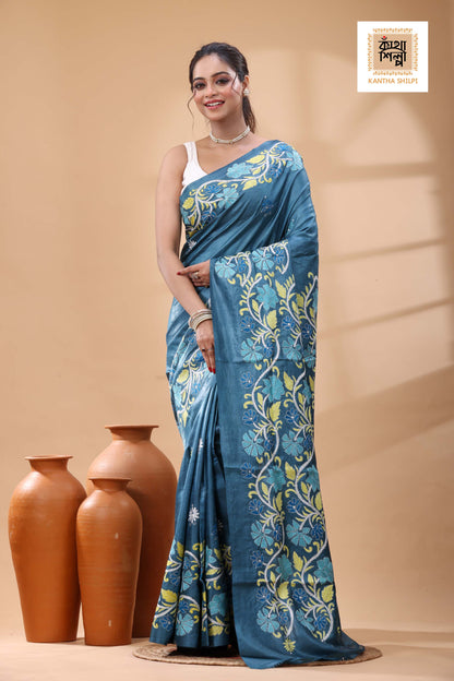 Pure Dye Gachi Tussar Multicolor Thread Work Kantha Stitch Saree