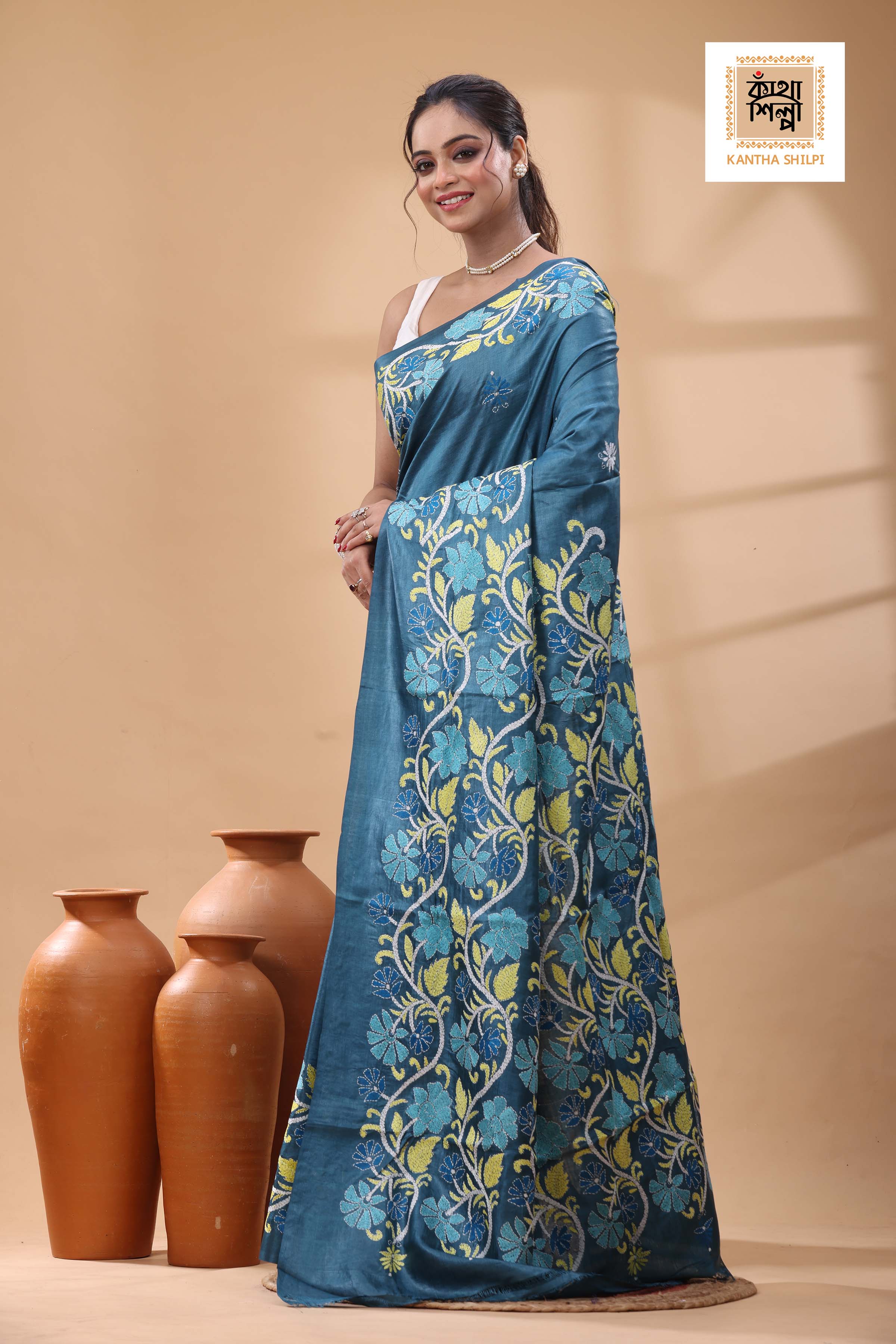Pure Dye Gachi Tussar Multicolor Thread Work Kantha Stitch Saree