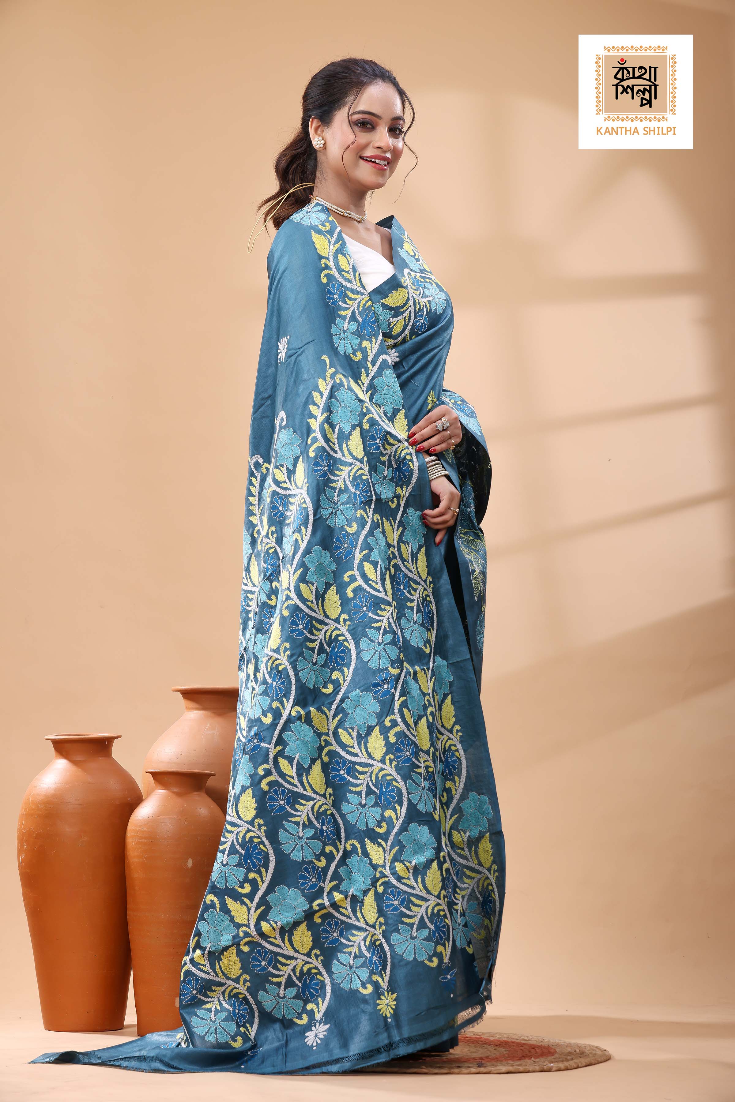 Pure Dye Gachi Tussar Multicolor Thread Work Kantha Stitch Saree