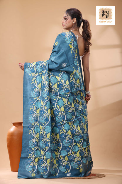 Pure Dye Gachi Tussar Multicolor Thread Work Kantha Stitch Saree
