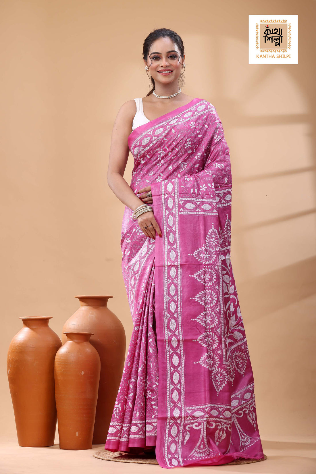 Pure Pink Dye Gachi Tussar White Color Thread Work Kantha Stitch Saree