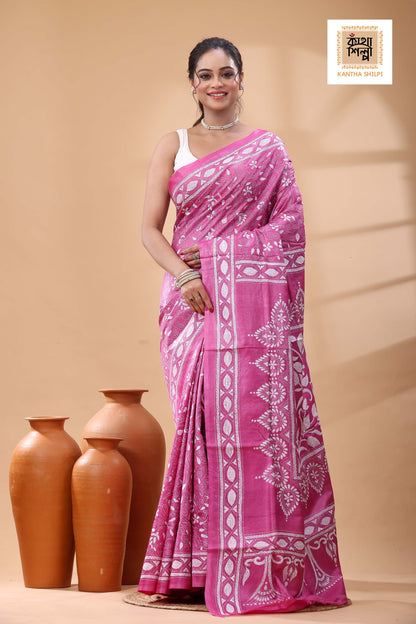 Pure Pink Dye Gachi Tussar White Color Thread Work Kantha Stitch Saree