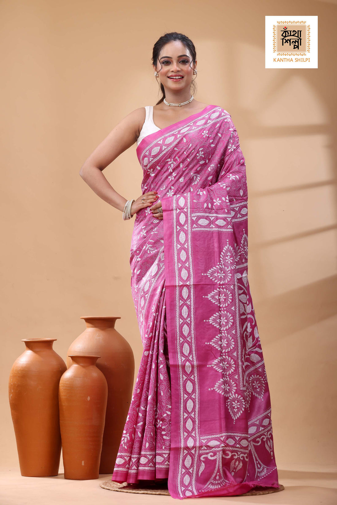 Pure Pink Dye Gachi Tussar White Color Thread Work Kantha Stitch Saree