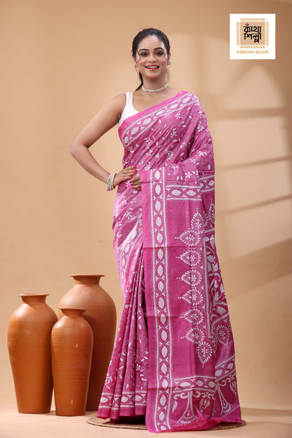 Pure Pink Dye Gachi Tussar White Color Thread Work Kantha Stitch Saree