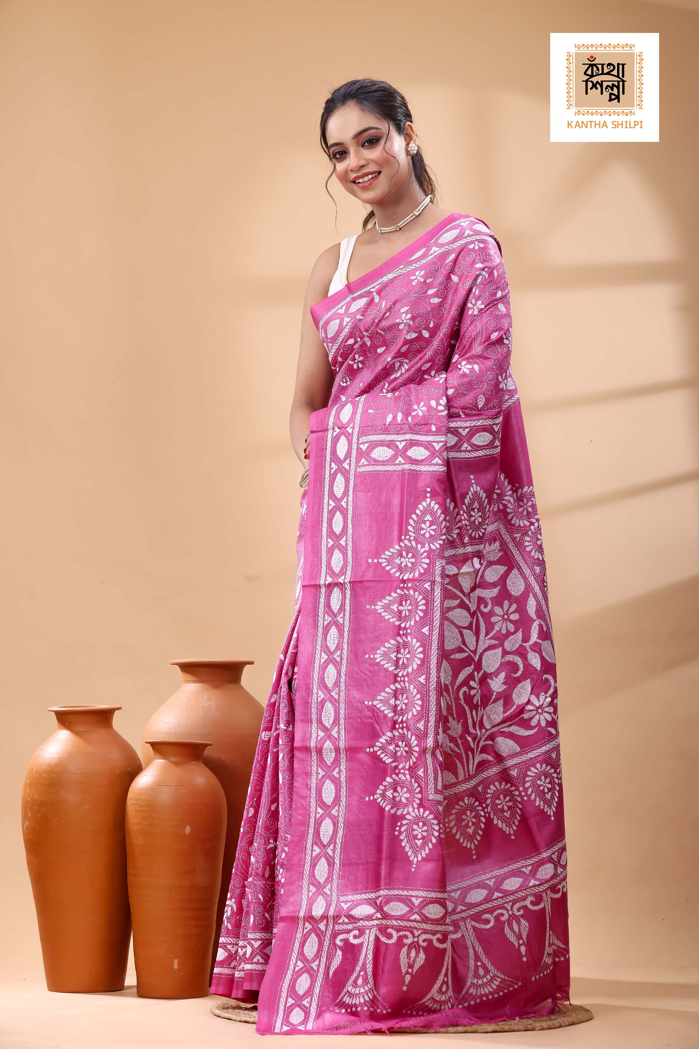 Pure Pink Dye Gachi Tussar White Color Thread Work Kantha Stitch Saree