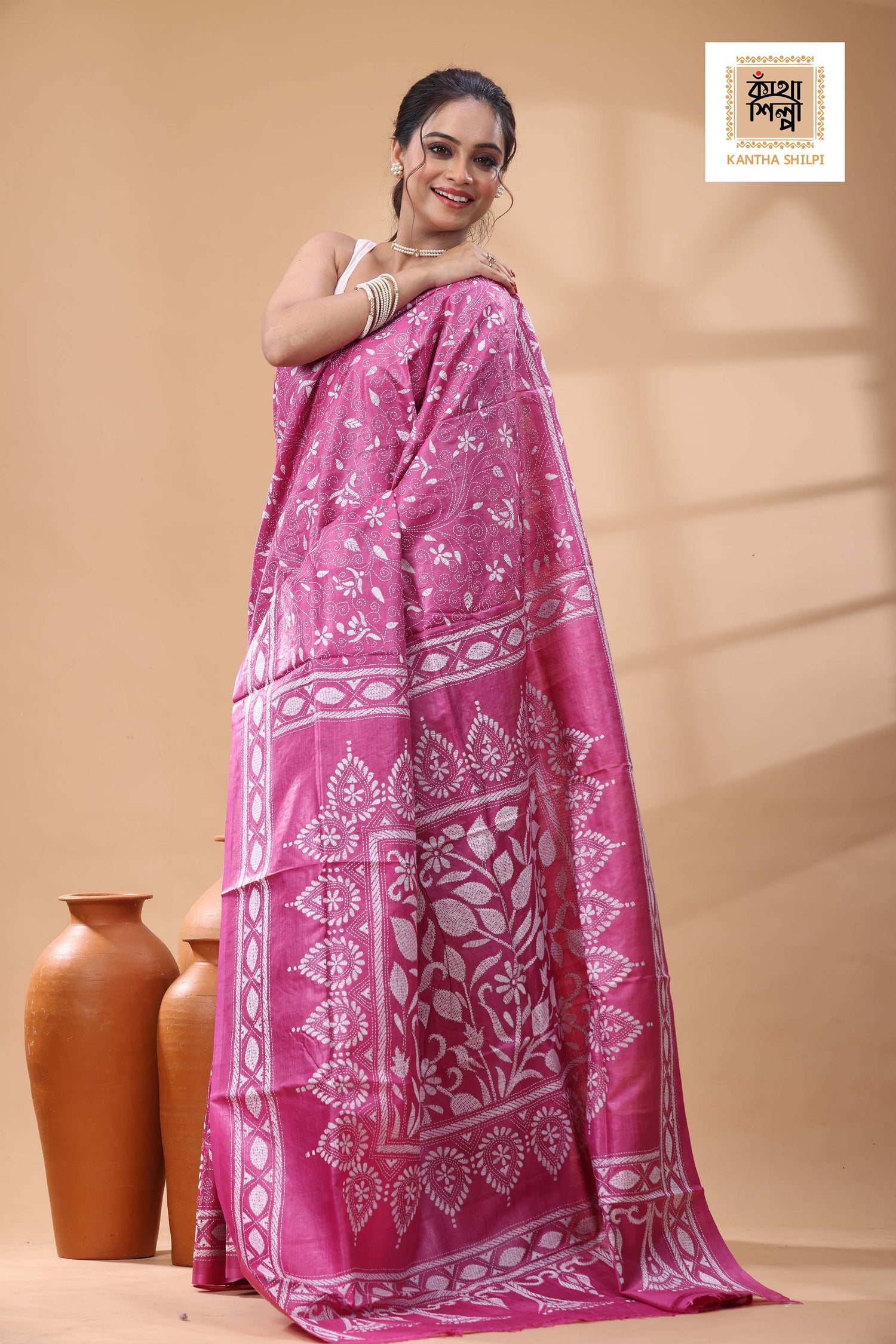 Pure Pink Dye Gachi Tussar White Color Thread Work Kantha Stitch Saree