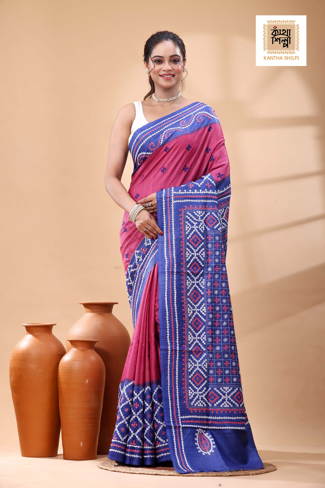 Pure Gachi Tussar Blue Rani Color Dye And White Pink Color Thread Work Gujrati Stitch Saree