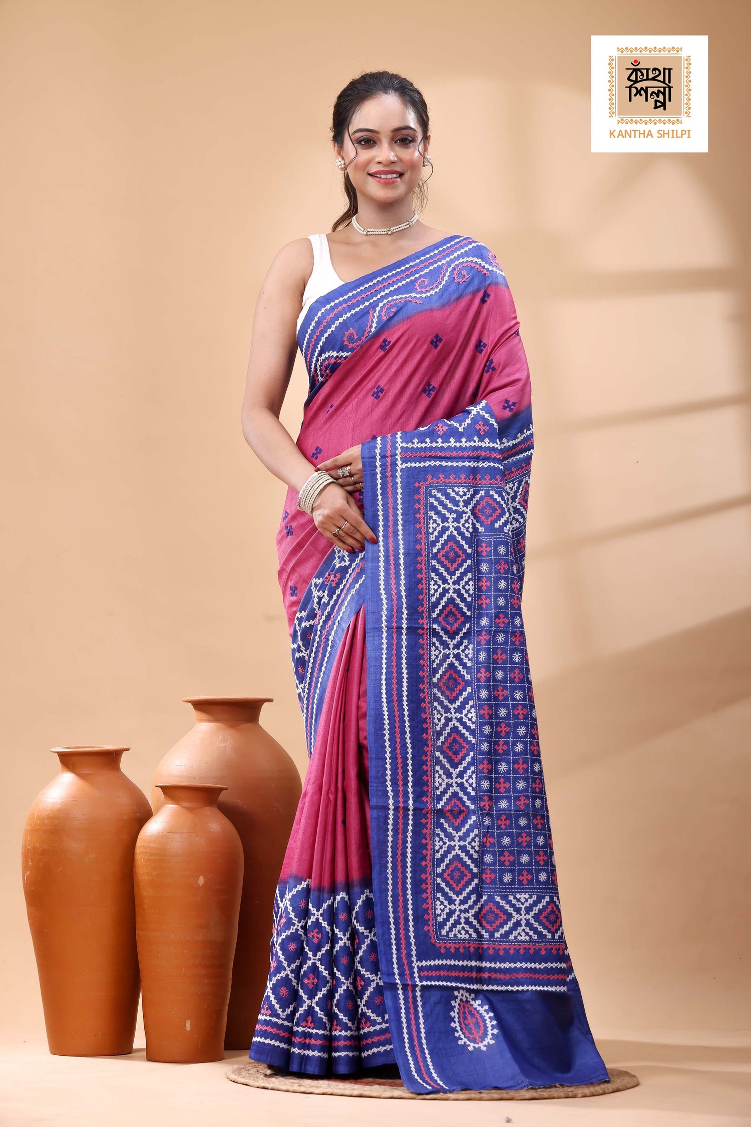 Pure Gachi Tussar Blue Rani Color Dye And White Pink Color Thread Work Gujrati Stitch Saree