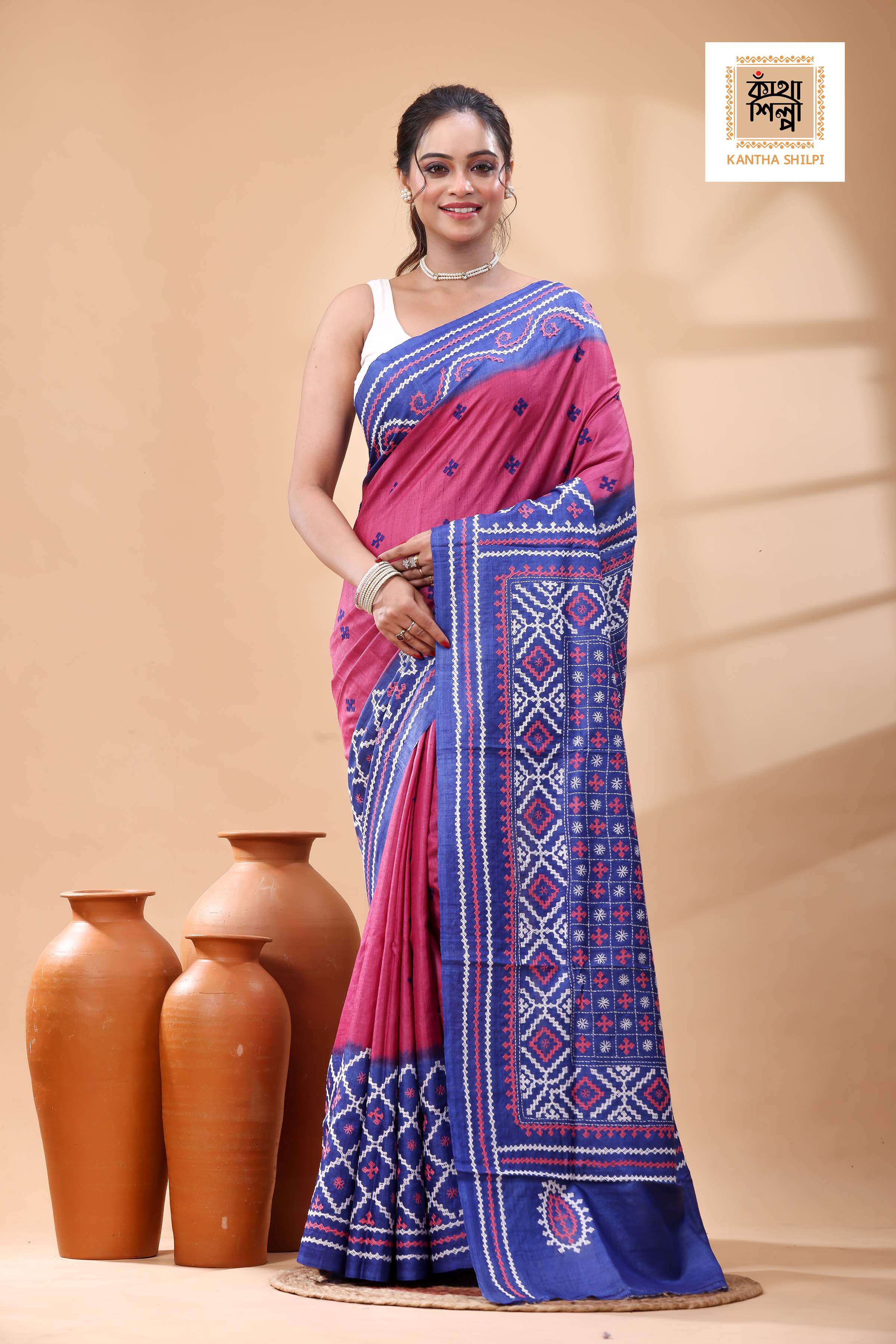 Pure Gachi Tussar Blue Rani Color Dye And White Pink Color Thread Work Gujrati Stitch Saree