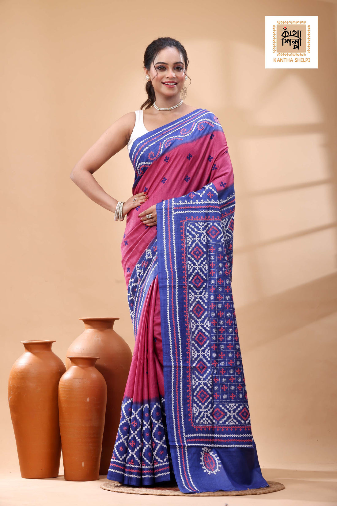 Pure Gachi Tussar Blue Rani Color Dye And White Pink Color Thread Work Gujrati Stitch Saree