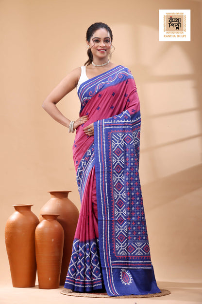 Pure Gachi Tussar Blue Rani Color Dye And White Pink Color Thread Work Gujrati Stitch Saree