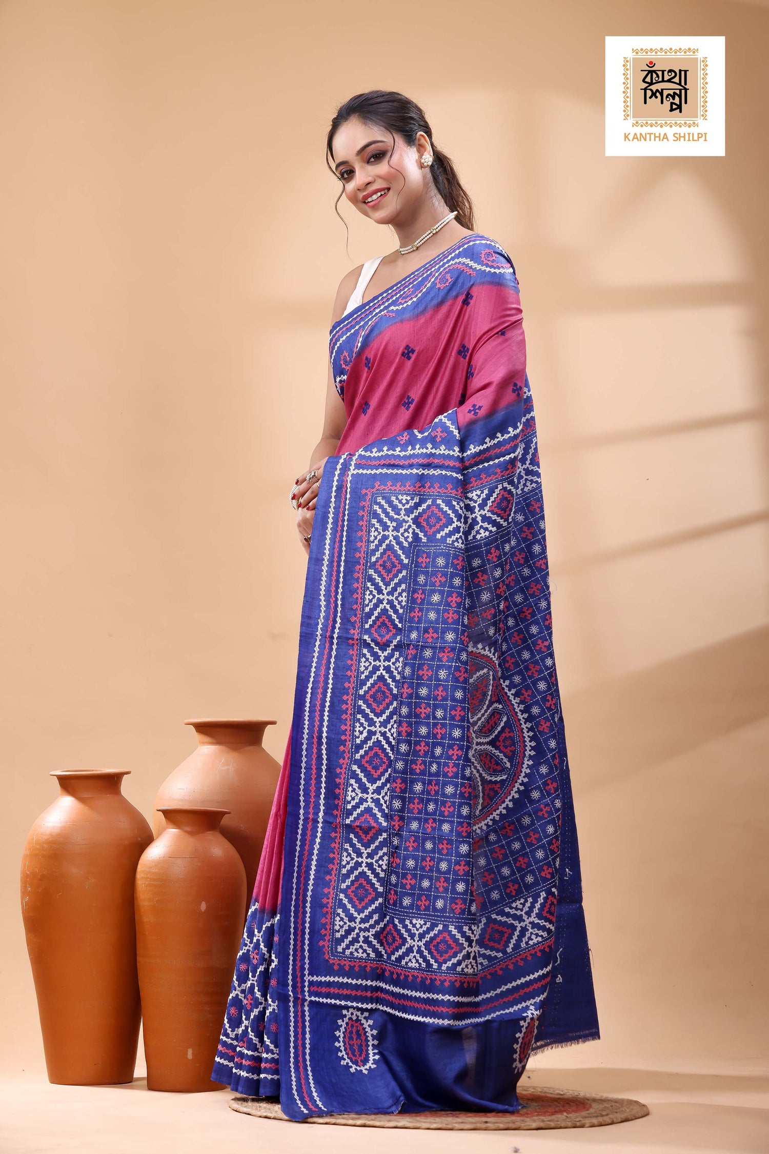 Pure Gachi Tussar Blue Rani Color Dye And White Pink Color Thread Work Gujrati Stitch Saree