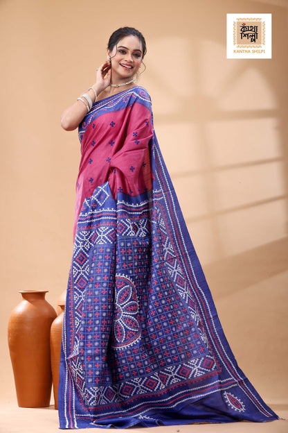 Pure Gachi Tussar Blue Rani Color Dye And White Pink Color Thread Work Gujrati Stitch Saree