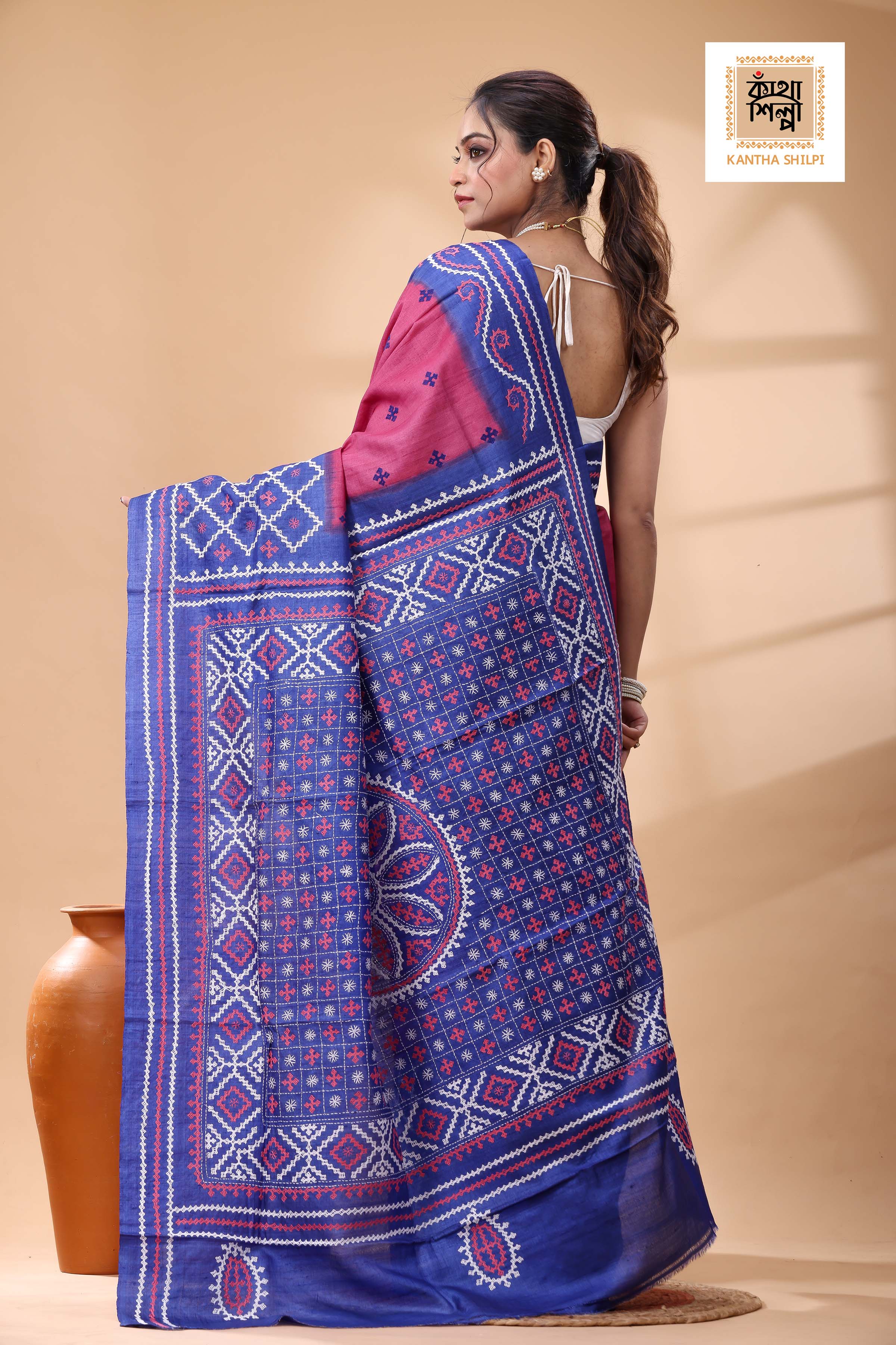 Pure Gachi Tussar Blue Rani Color Dye And White Pink Color Thread Work Gujrati Stitch Saree