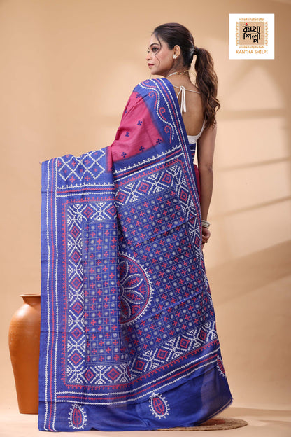 Pure Gachi Tussar Blue Rani Color Dye And White Pink Color Thread Work Gujrati Stitch Saree