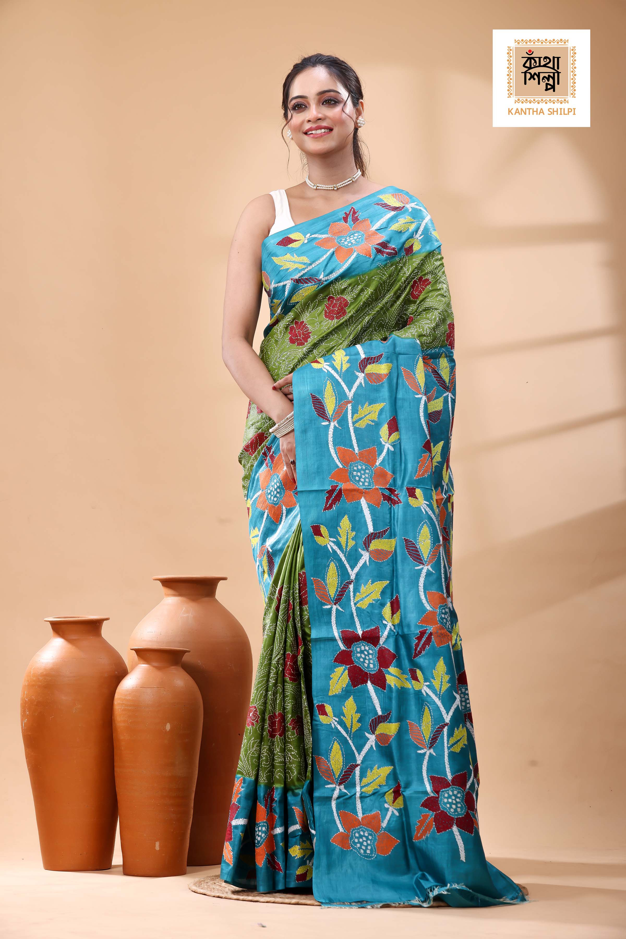Pure Dye Gachi Tussar Multicolor Thread Work Kantha Stitch Saree