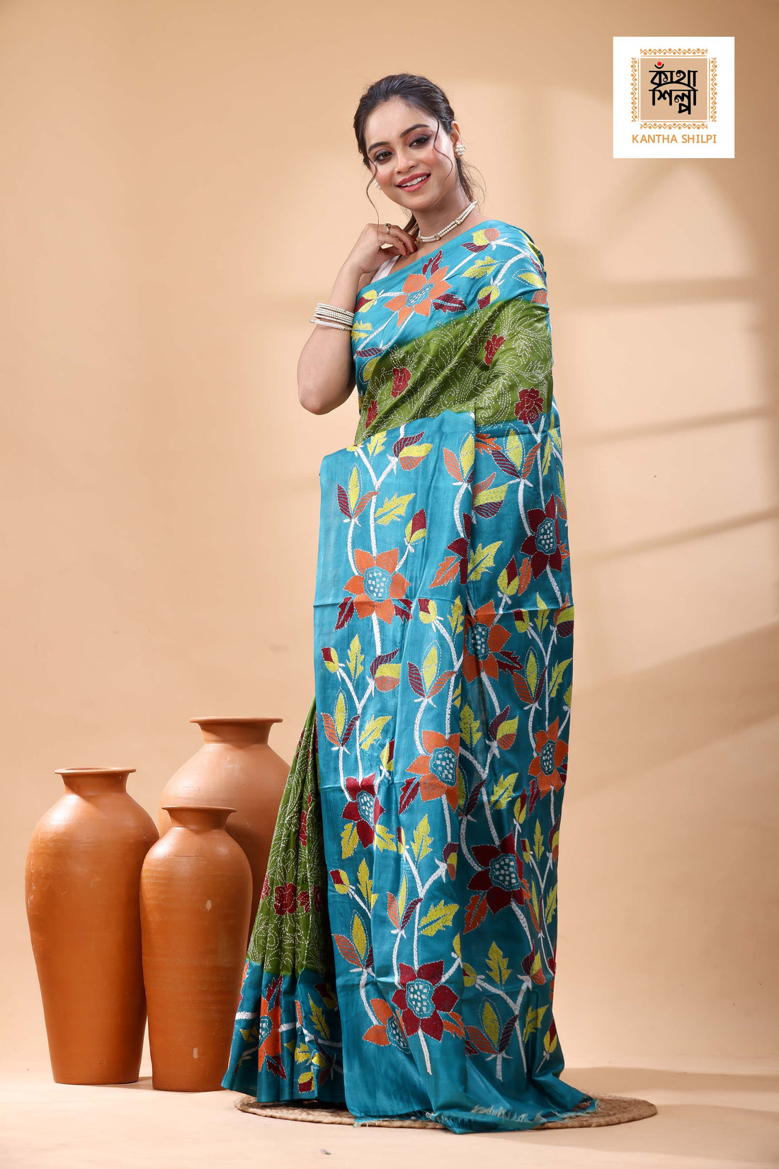 Pure Dye Gachi Tussar Multicolor Thread Work Kantha Stitch Saree
