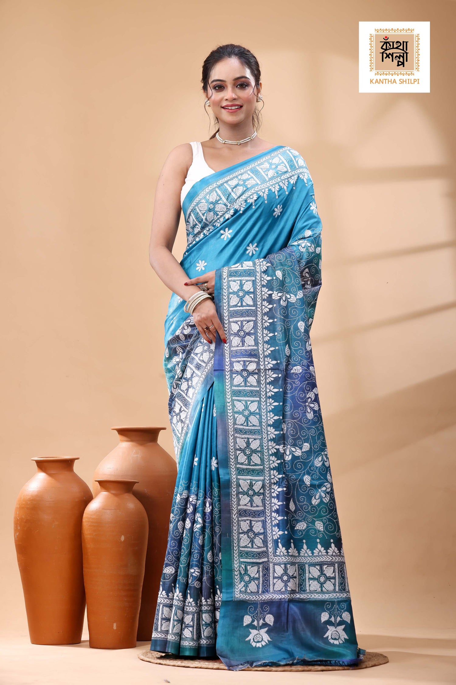 Pure Dye Gachi Tussar White Color Thread Work Kantha Stitch Saree