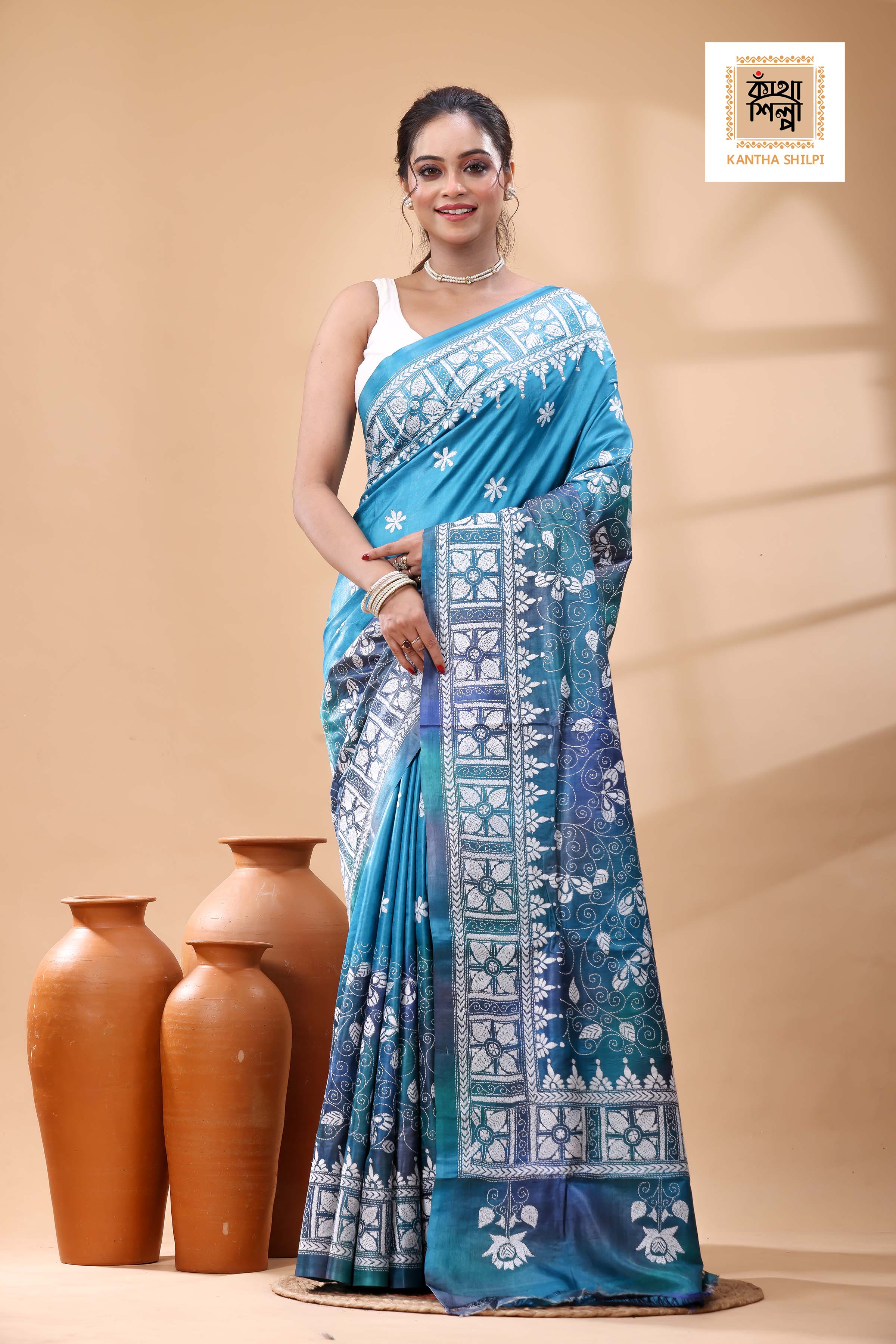 Pure Dye Gachi Tussar White Color Thread Work Kantha Stitch Saree