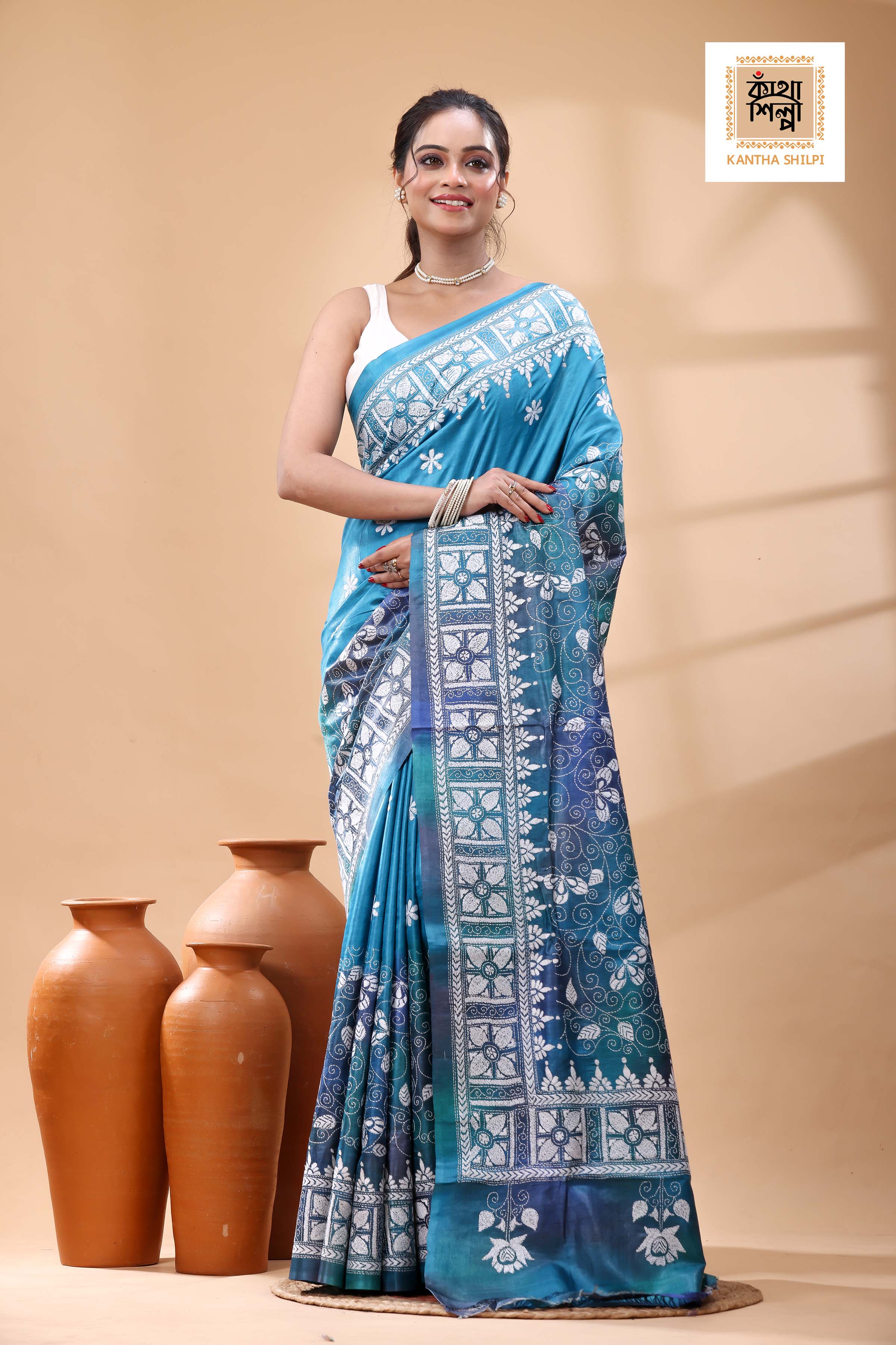 Pure Dye Gachi Tussar White Color Thread Work Kantha Stitch Saree