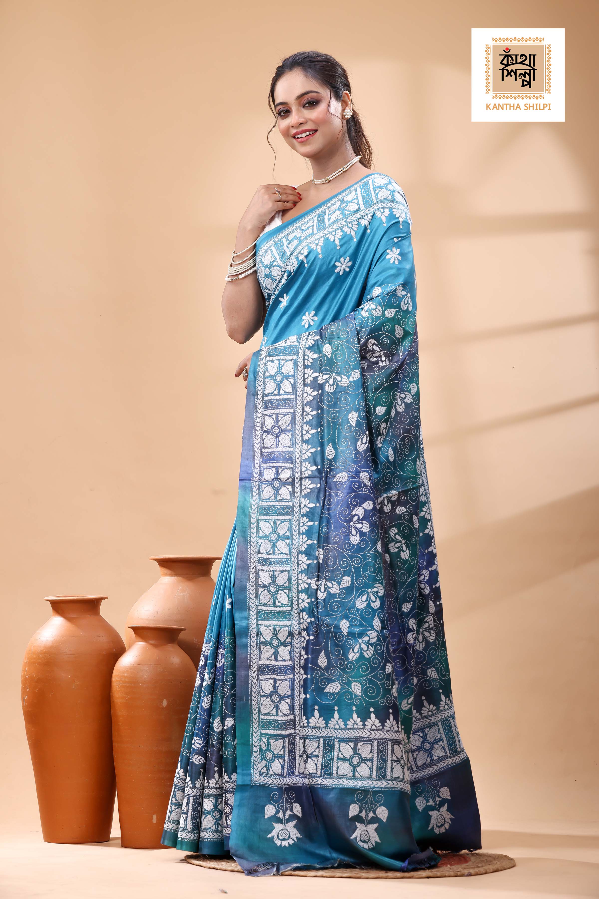 Pure Dye Gachi Tussar White Color Thread Work Kantha Stitch Saree