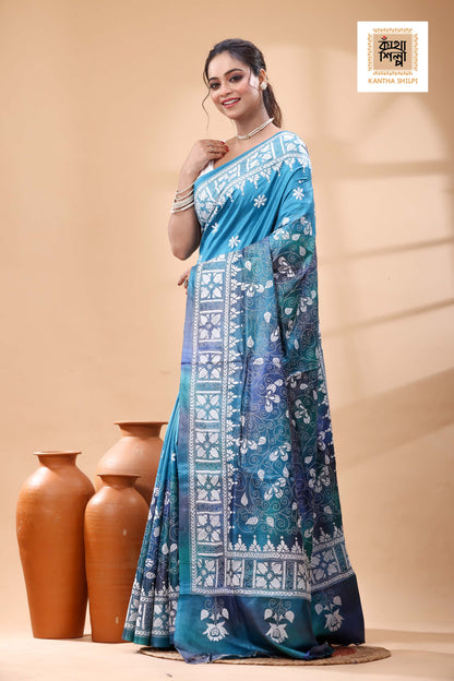 Pure Dye Gachi Tussar White Color Thread Work Kantha Stitch Saree