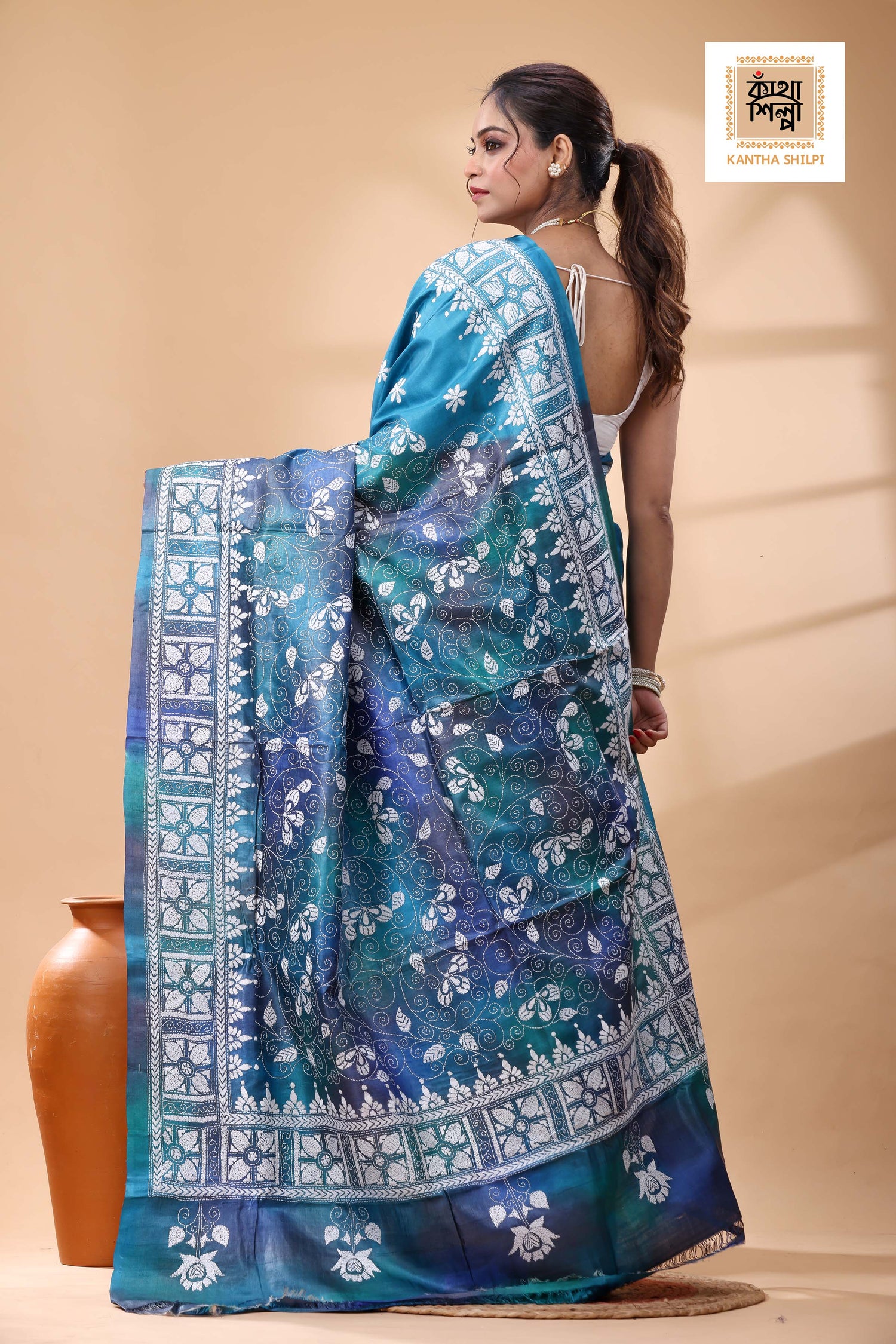 Pure Dye Gachi Tussar White Color Thread Work Kantha Stitch Saree